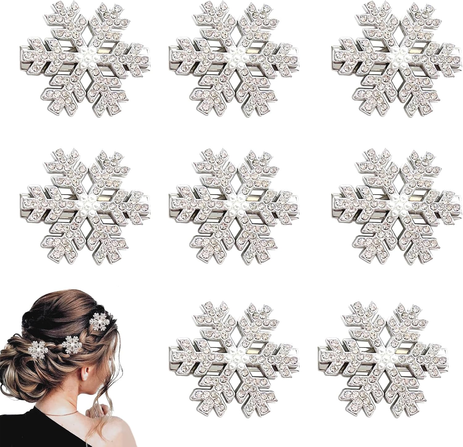 BUOKSLLY Pack of 8 Glittering Snowflake Hair Pins with Rhinestones, Christmas Hair Accessories with Rhinestones, Hair Clip Silver, Decoration for Women and Girls (Silver)