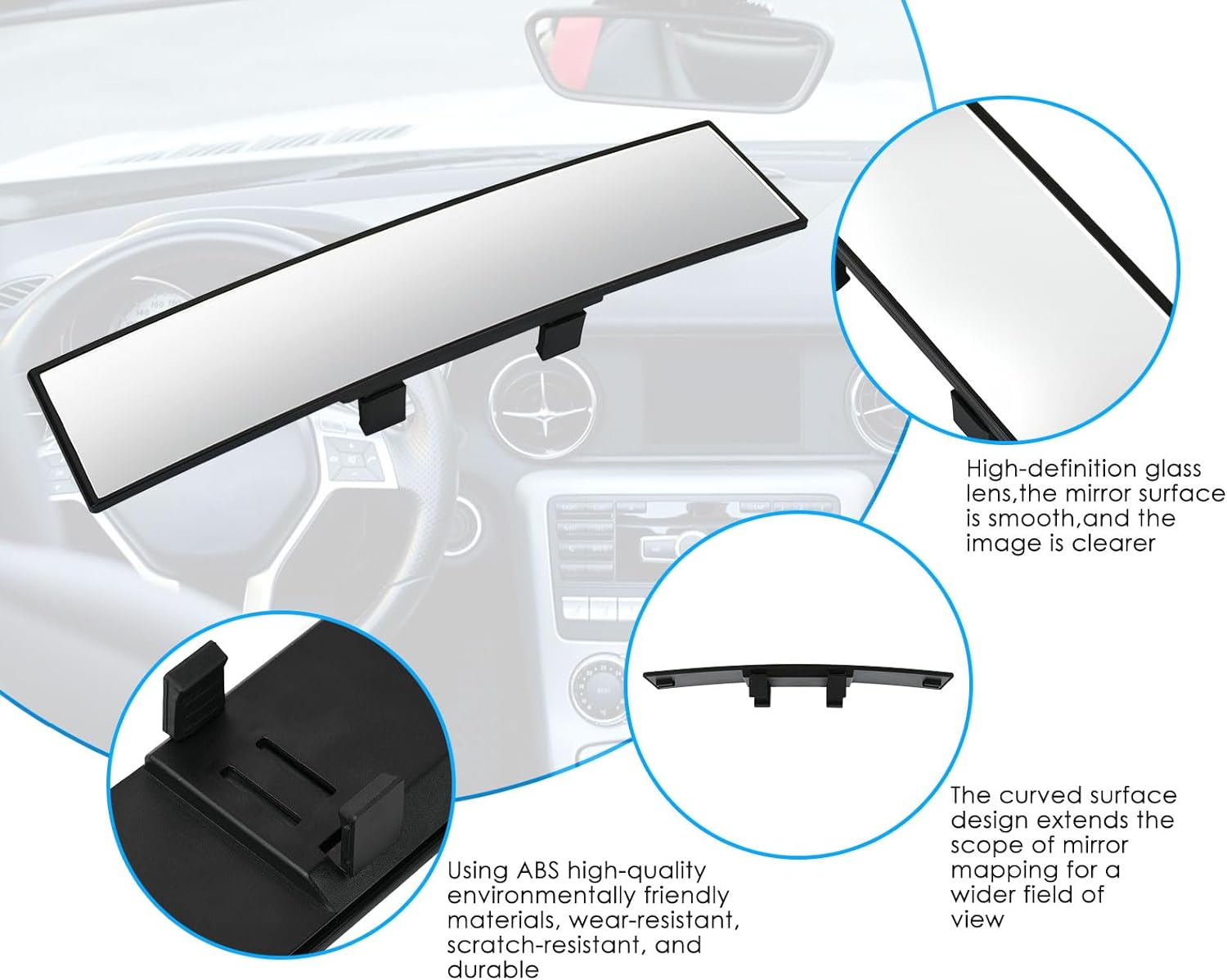 DS. DISTINCTIVE STYLE Wide Rear View Mirror Clip on 12 Inch Universal Panoramic Convex Interior Wide Angle Mirror image number 1
