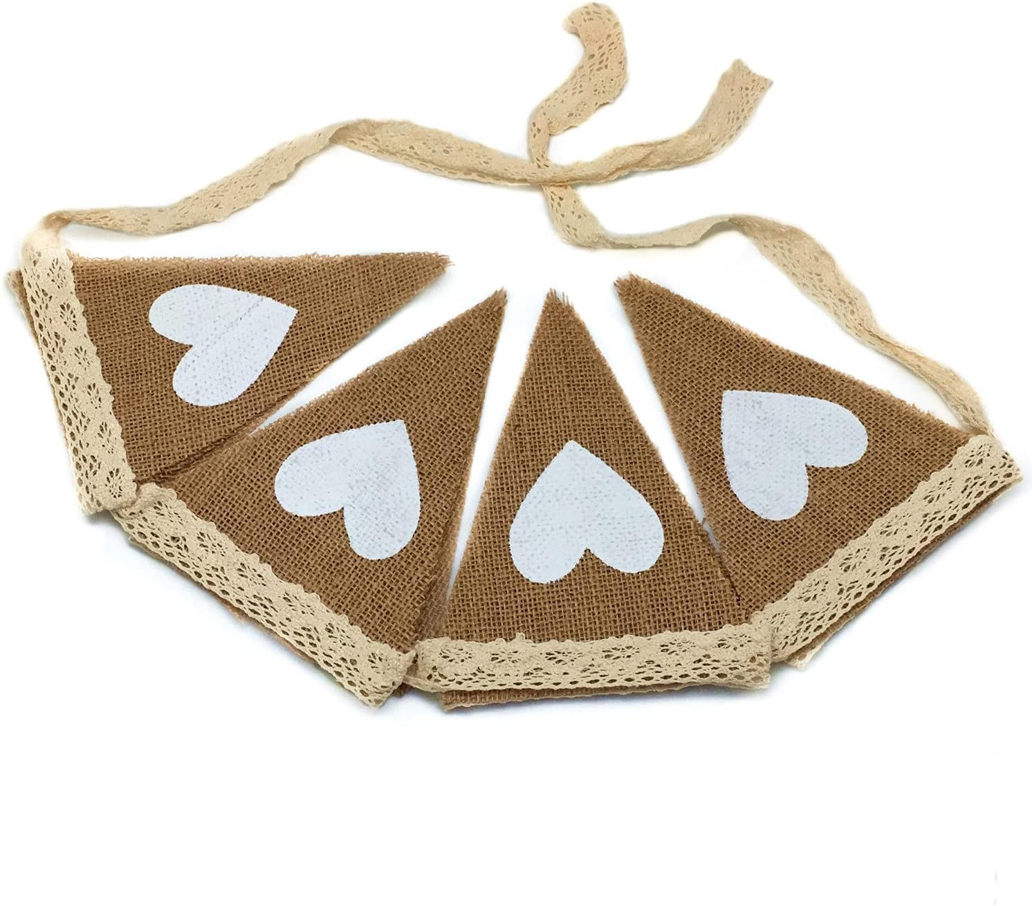 FQTANJU 12Pcs Vintage Heart Jute Burlap Bunting Banner Hessian Flag for Wedding Party Decoration White Lace 2.5M image number 5