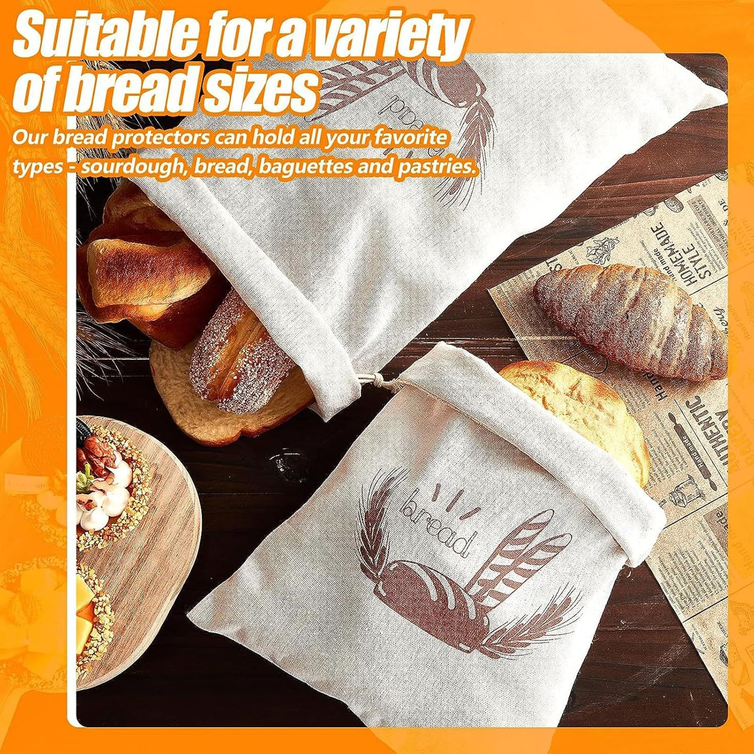 MYTOAU 3 Pcs Linen Bread Bags,Unbleached Bread Bags for Homemade Bread Container,Food Storage Bags,15.7&times;11.8Inches Reusable Bread Storage Bags, Natural Large Storage for Artisan Bread image number 6