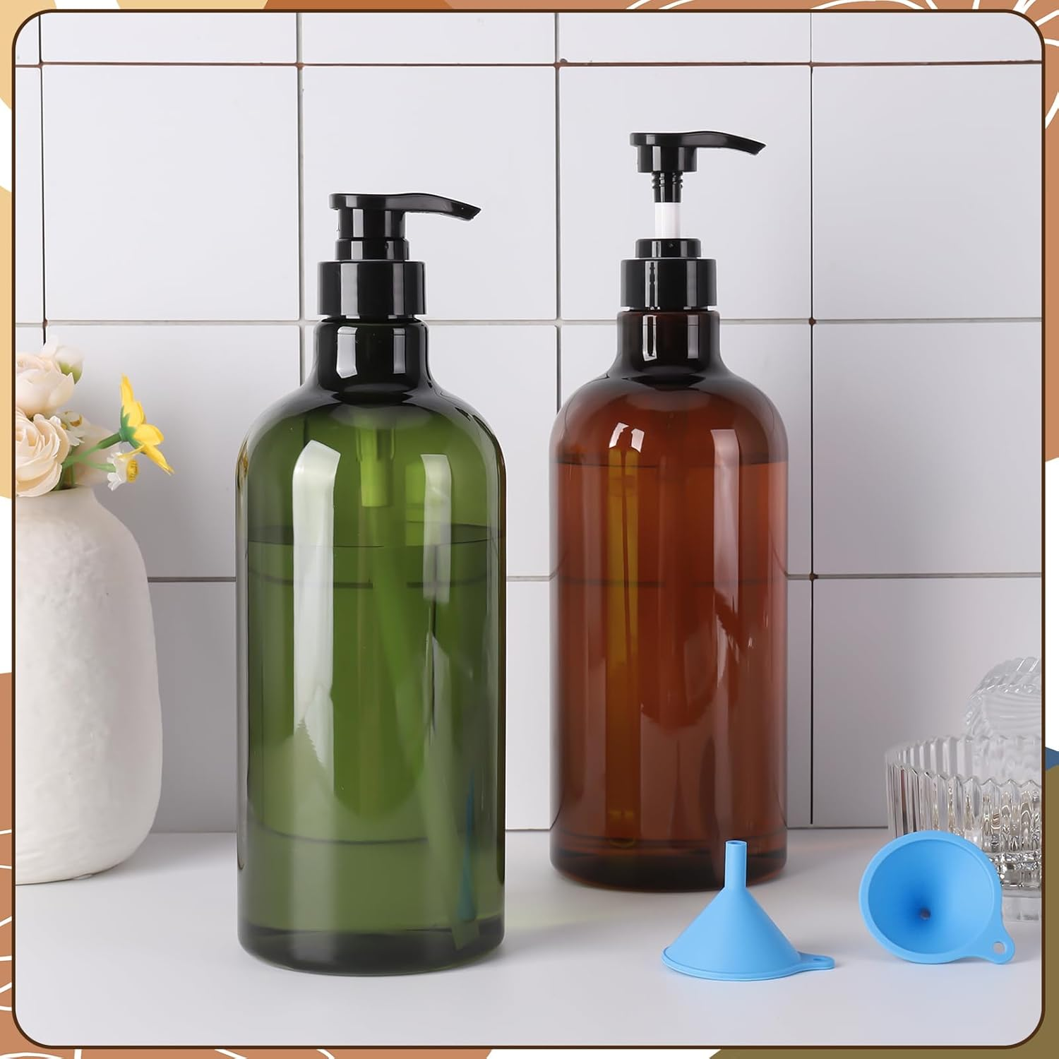 Pump Bottle Dispenser,2 Pcs 1000Ml/35Oz Refillable Empty Press Pump Bottles,Refillable Plastic Empty Pump Bottles Dispensers with Funnel and Label for Lotions,Shampoo,Conditioner image number 6