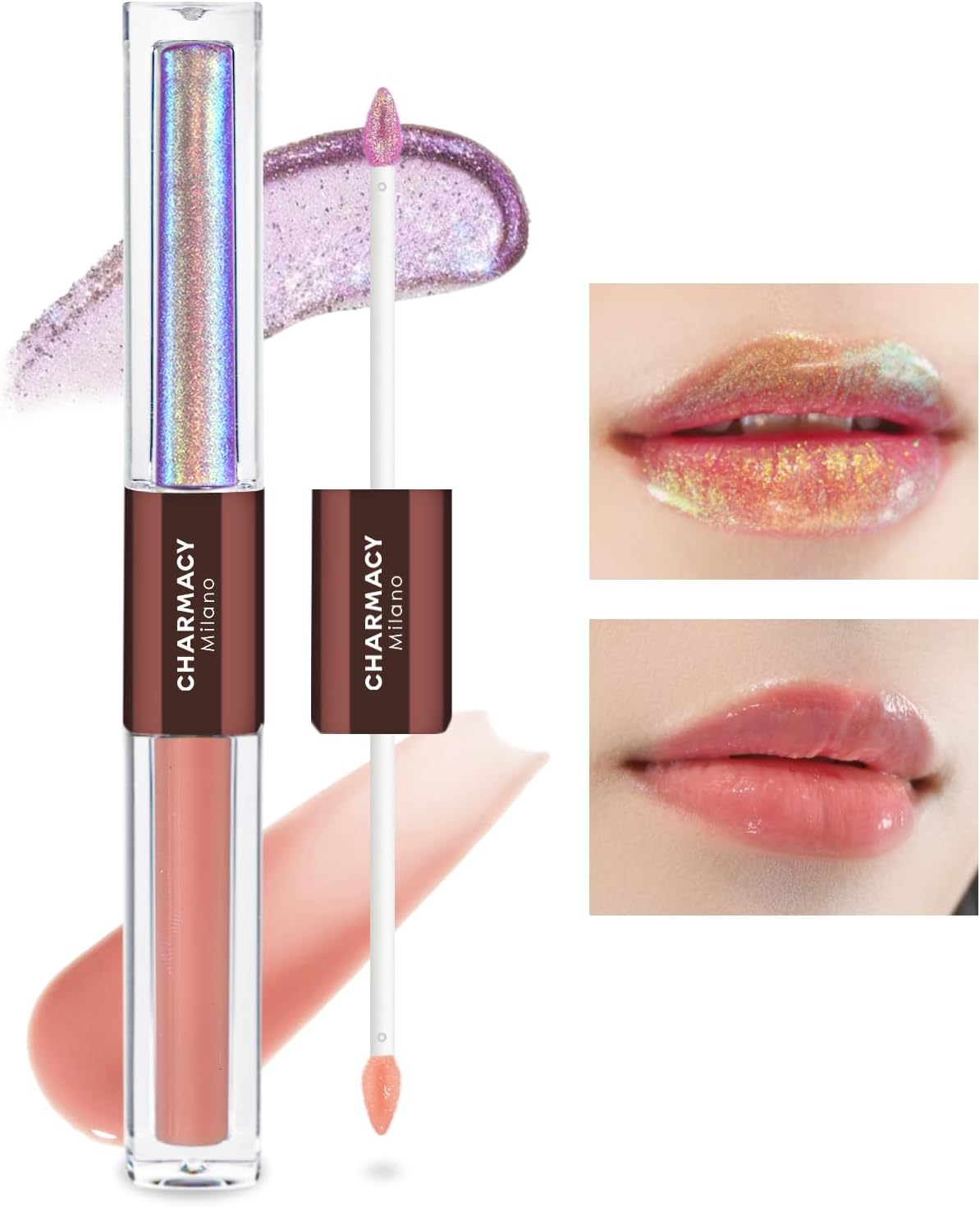 CHARMACY 2 in 1 Multichrome Moisturizing Lip Gloss, Double Head Liquid Lipstick, Mirror Waterproof Long Lasting No Fading Lip Balm, Hydrating Lip Plumper Waterlight Glossy Makeup #002