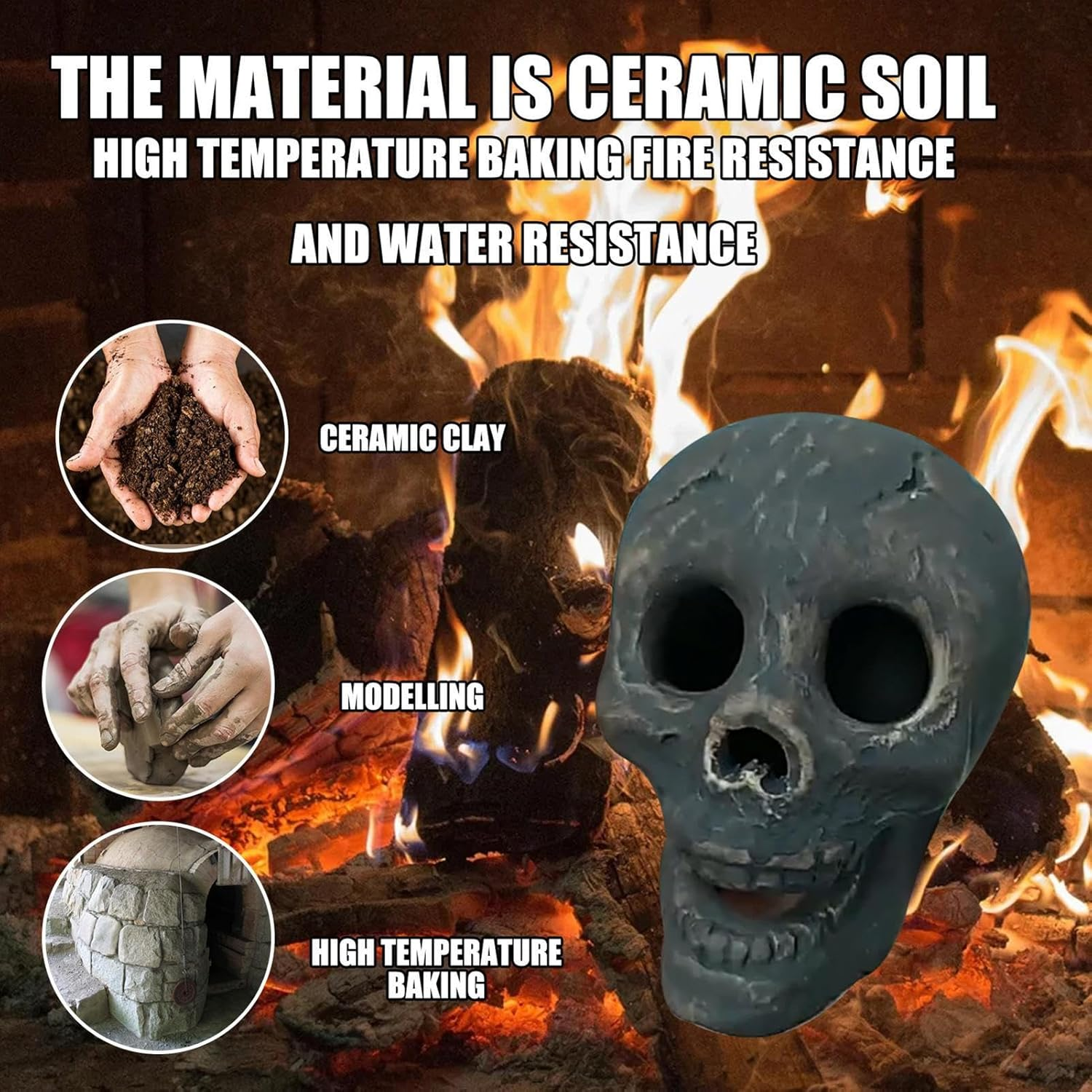 Skeleton Head Fire Pit,Ceramic Fireproof Fire Pit Skull Log - Reusable Imitated Human Skull Stone Barbecue Simulation Skull Props for Halloween Decor, Borato image number 6