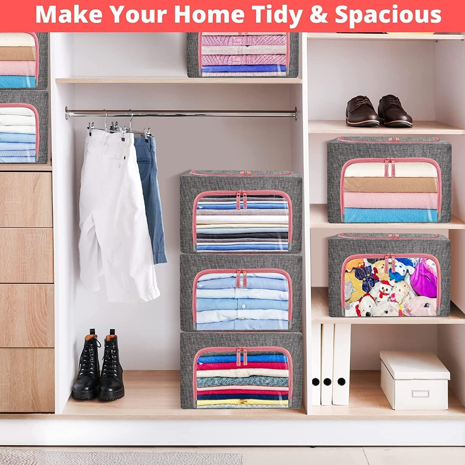 Clothes Storage Bins Box - 2 Pack 22L Cotton and Linen Foldable Stackable Container Organizer Set with Clear Window & Carry Handles & Metal Frame - Large Capacity for Bedding, Blankets, Toys, Books image number 3