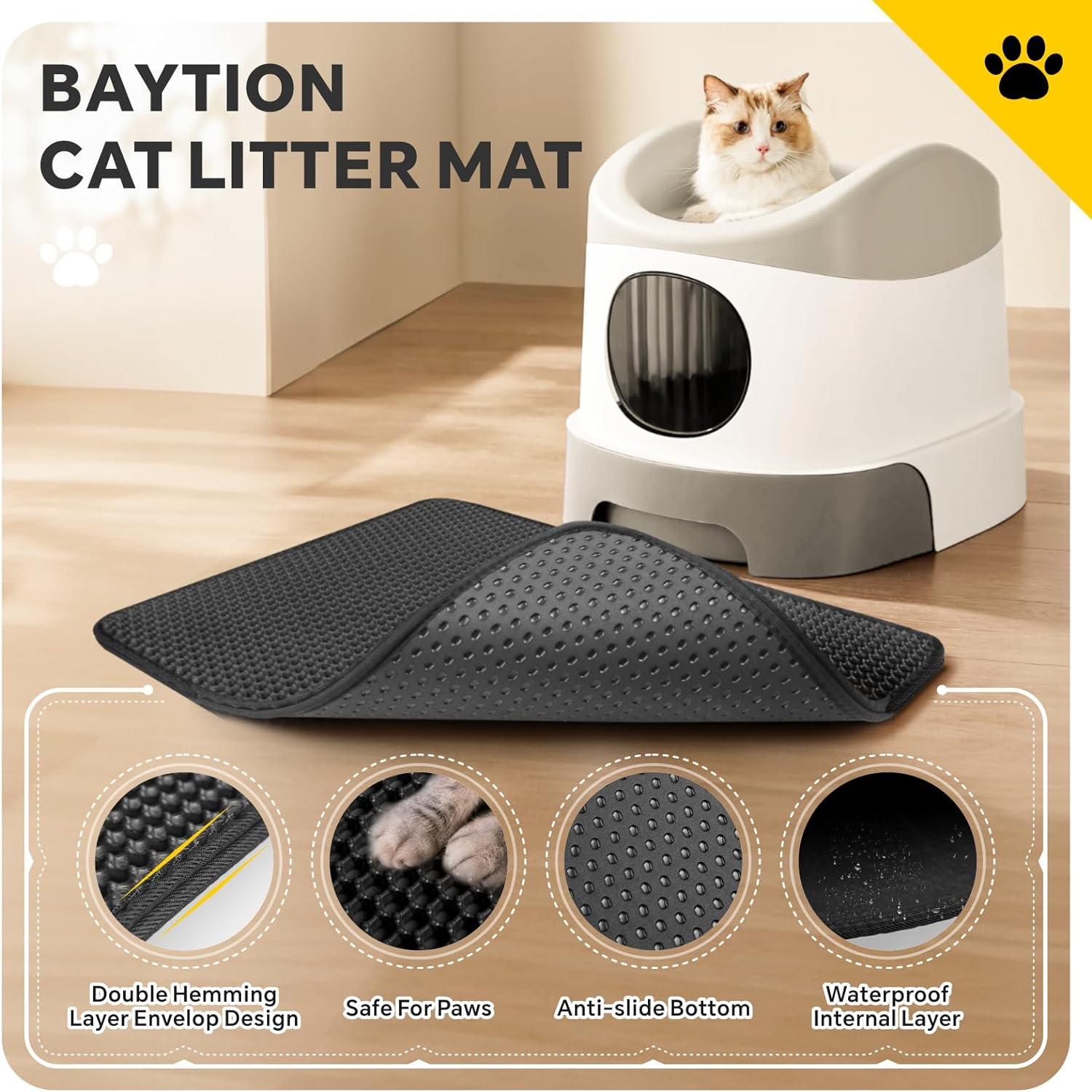 Baytion Cat Litter Mat, Litter Tray Mat 60 X 44 Cm for Cat Litter Box and Cat Toilet, Double Layer Trapping Mat, Big Honeycomb Holes, Waterproof Urine Proof, EVA Material BPA Free (Black）