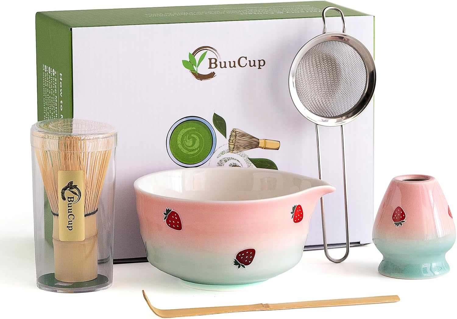 Matcha Set, Matcha Bowl with Spout, Matcha Whisk and Holder, Bamboo Matcha Scoop and Stainless Sifter - 5 Pcs Jade Green Matcha Set Kit for Matcha Lover