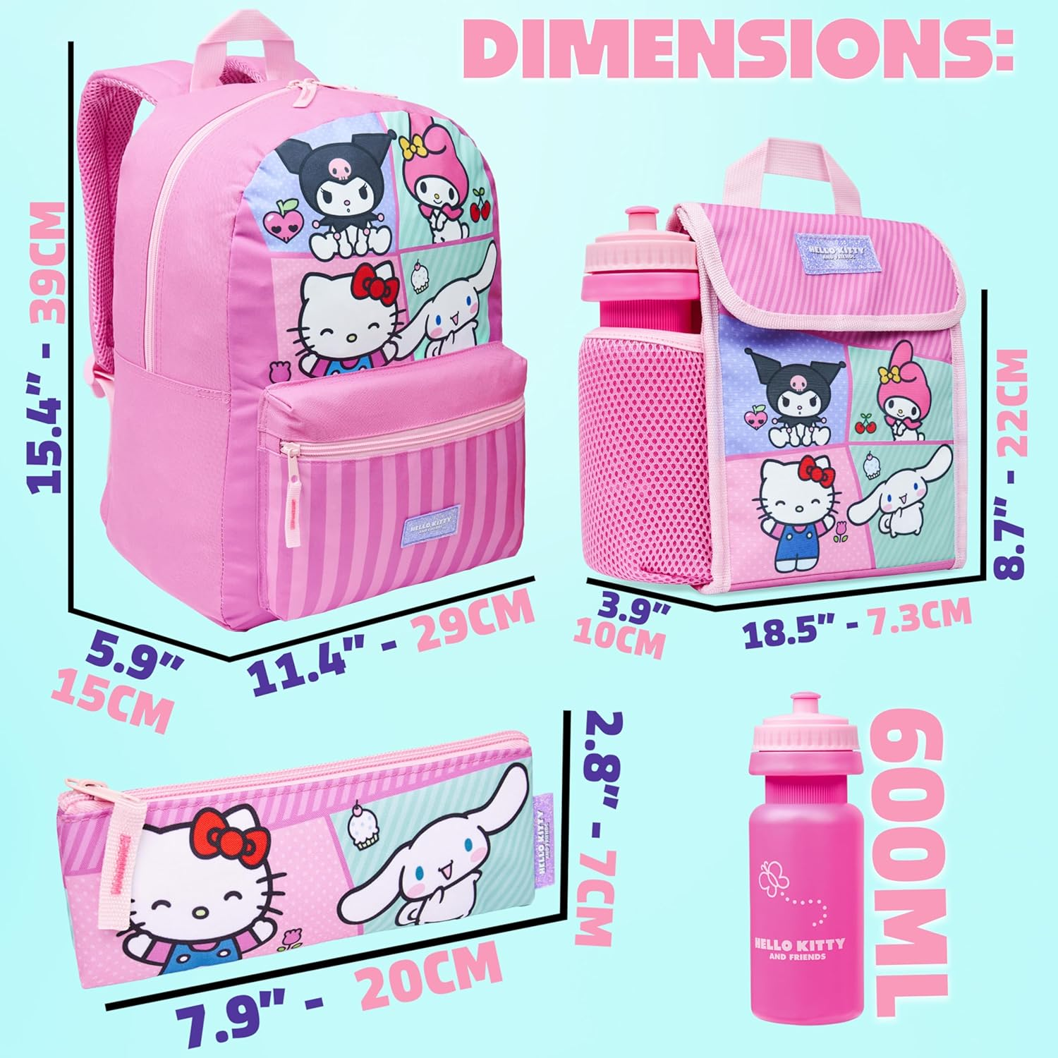 Hello Kitty Sanrio Backpack Set 4 Pcs Girls Water Bottle Pencil Case Insulated Lunch Bag Cinnamoroll Kuromi My Melody Teens Kawaii School Supplies