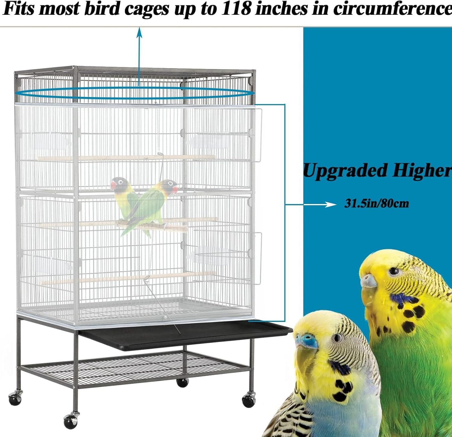 ASOCEA Bird Cage Seed Catcher Adjustable Bird Cage Cover Soft Nylon Mesh Net with Drawstring Birdcage Skirt Feather Guard for round Square Cages (Black) (300 X80 Cm White)