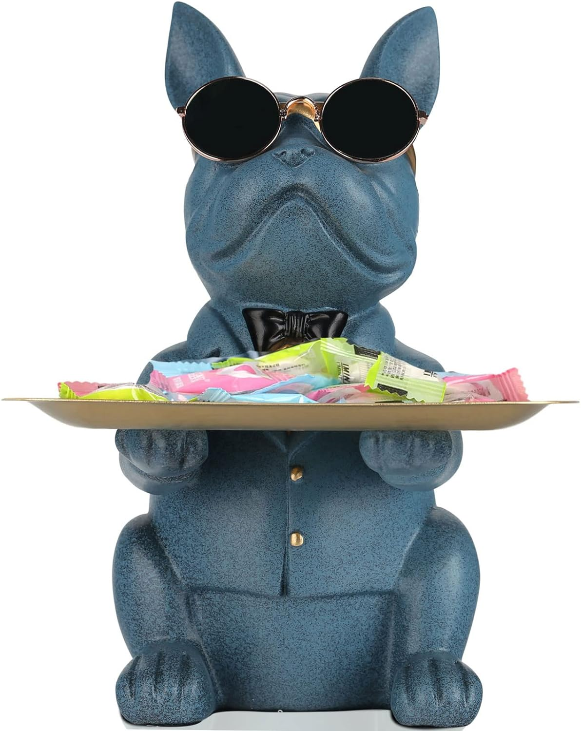 QIANLING Blue Bulldog Tray Holder Storage Desk Table Trays Decorative Animal Bulldog Sculpture Home Decor Statue Coin Piggy Bank Multi-Function Office Home Entrance Key Snack Storage Tray