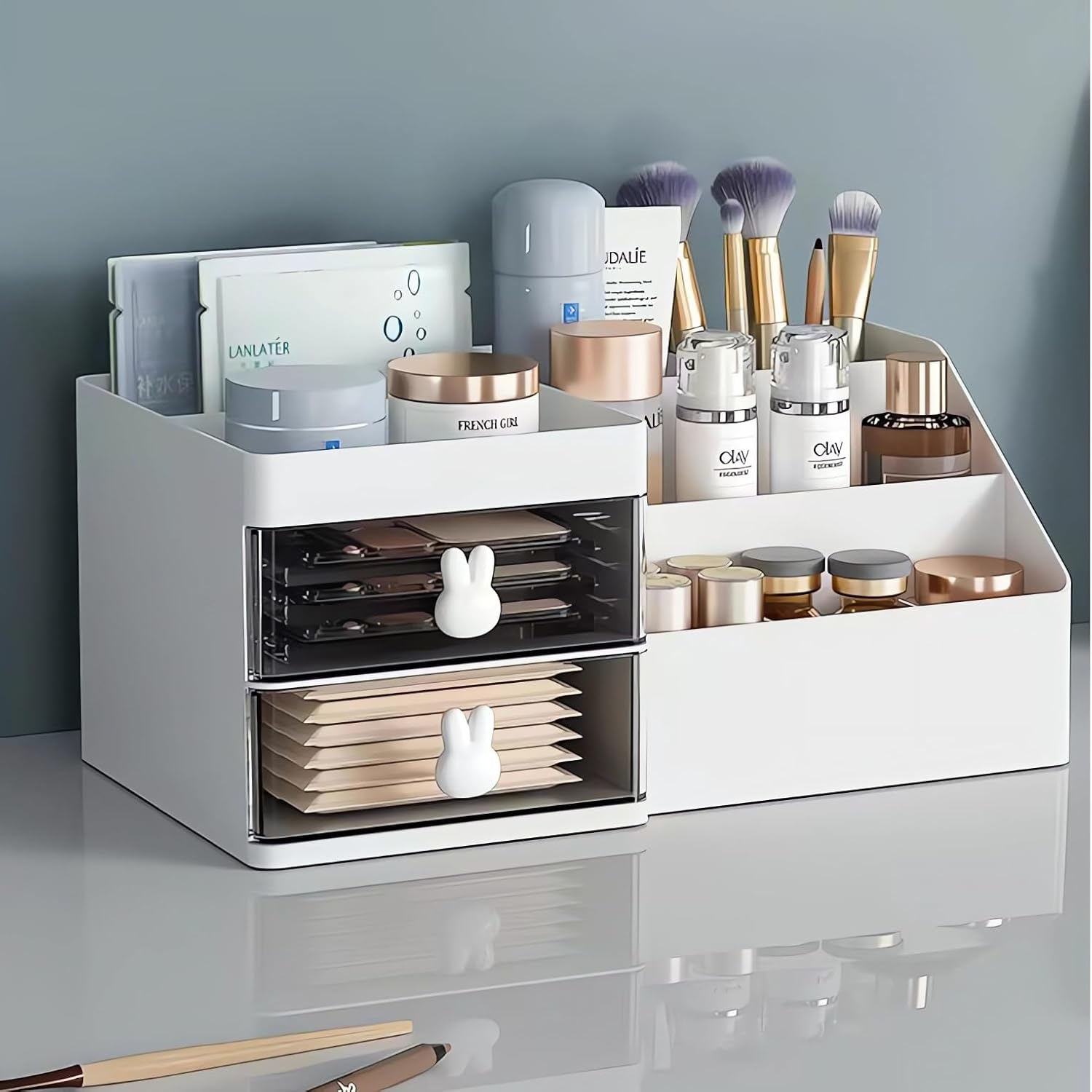 Makeup Storage Organizer for Vanity, Desktop Cosmetic Organiser Makeup Storage Box with 2 Drawers for Lipsticks, Jewelry, Perfume, Nail Care, Skincare, Multi-Purpose Bathroom Countertop Organiser image number 2