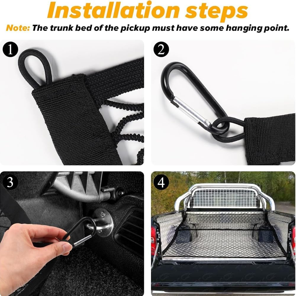 Cargo Net for SUV Pickup Truck Bed 4'X4&rsquo; Stretches to 7&lsquo;X 7&rsquo; with 6Pcs Metal Carabiner Single Layer Durable Highly Stretchable Elastic Mesh, Auto Storage Accessories,Universal for Vehicles image number 2