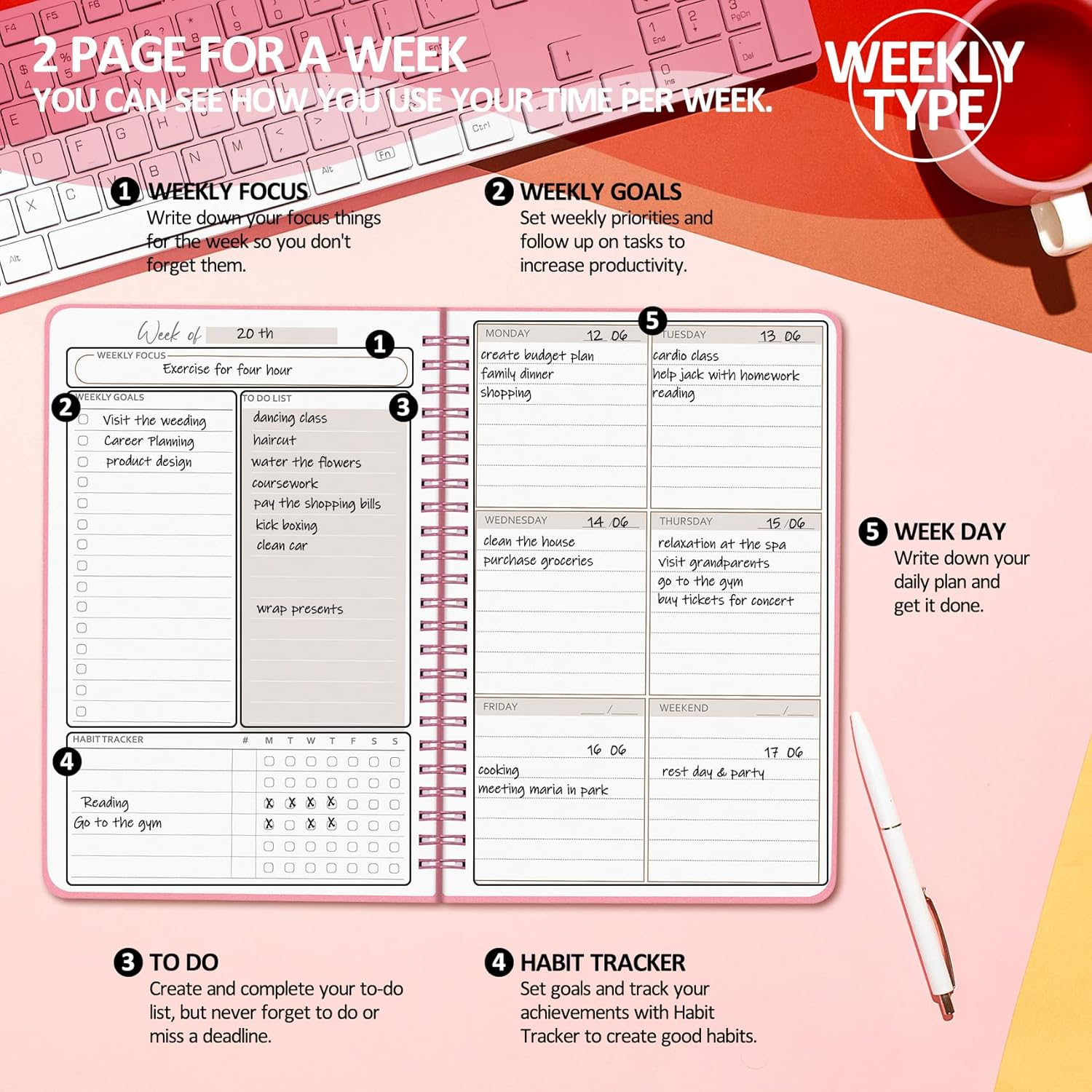 Weekly Planner Undated, Daily Planner, Habit Tracker Journal, Weekly Goals Schedule Planner with Spiral Binding, to Do List Notebook Calendars Organizers for Man & Women, 52 Weeks (14.8Cm X 21Cm) image number 6