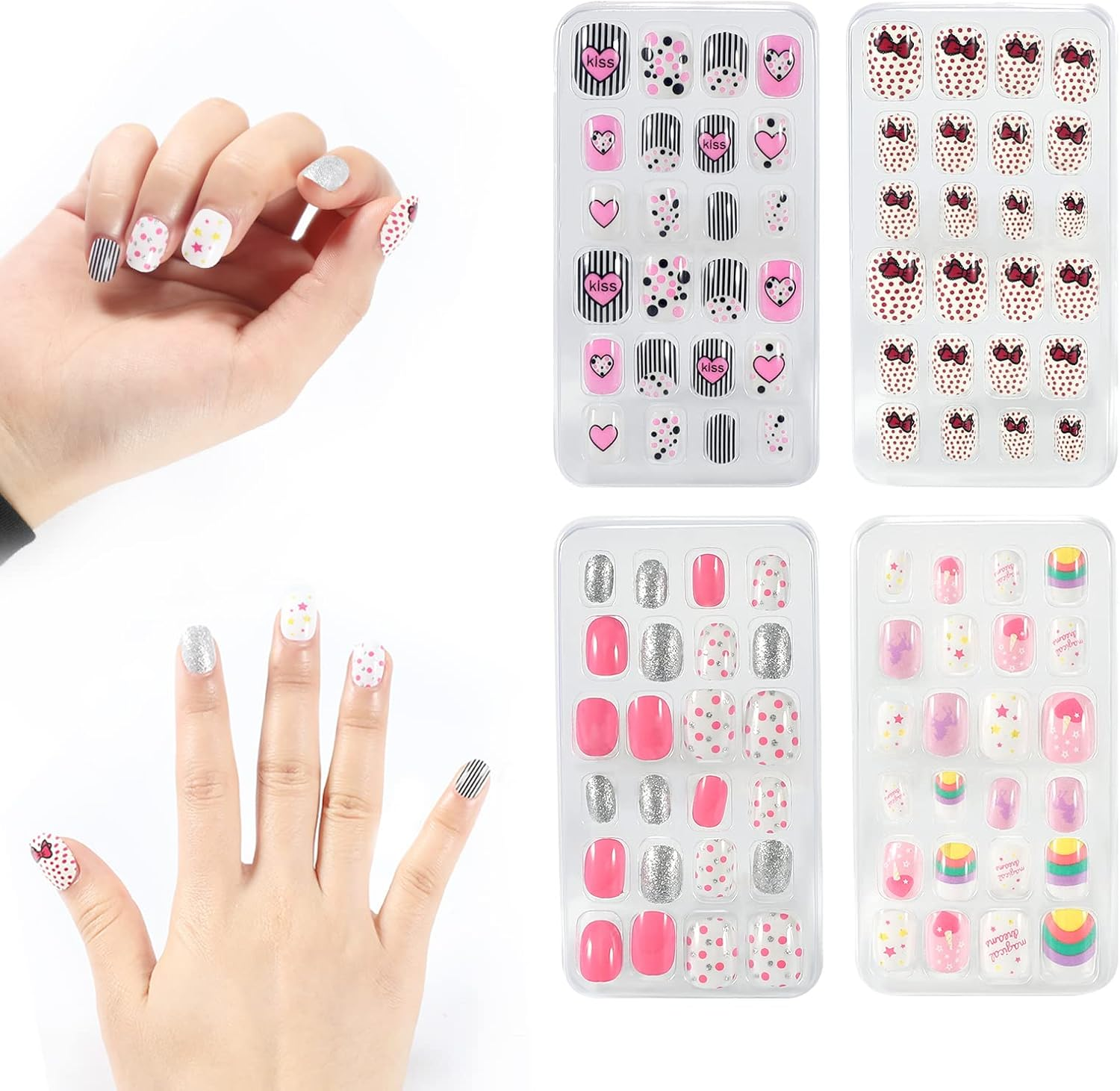 SAVITA 96Pcs Kids False Nails Press on Colorful Pre-Glue Full Cover Short False Nails Fake Nails for Girls Lovely Children Nail Art Decoration, 4 Boxes