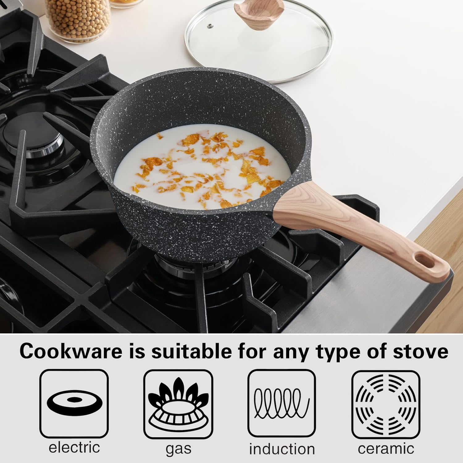 Kordisen Sauce Pan Set with Lid, 1.5QT & 2.5QT Non Stick Small Pot with Granite Coating, Saucepan with Pour Spout, Multipurpose Handy Induction Pot, Kitchen Cookware Cooking Pot, PFOA/PFOS Free image number 4