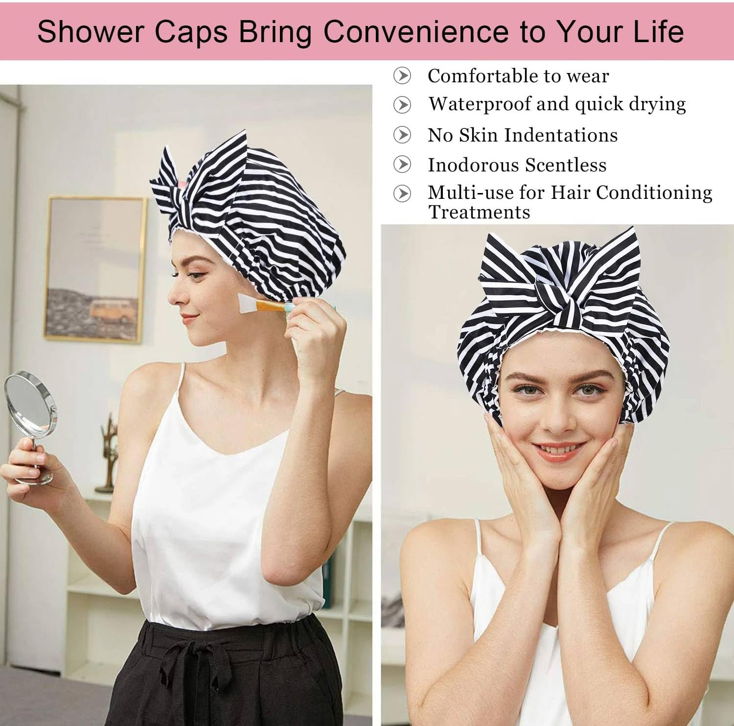Luvruitaky Shower Cap Luxury Shower Caps for Women Reusable Waterproof Hair Cap for Shower with Adjustable Bowknot Hair Bath Cap (Black Stripe) image number 4
