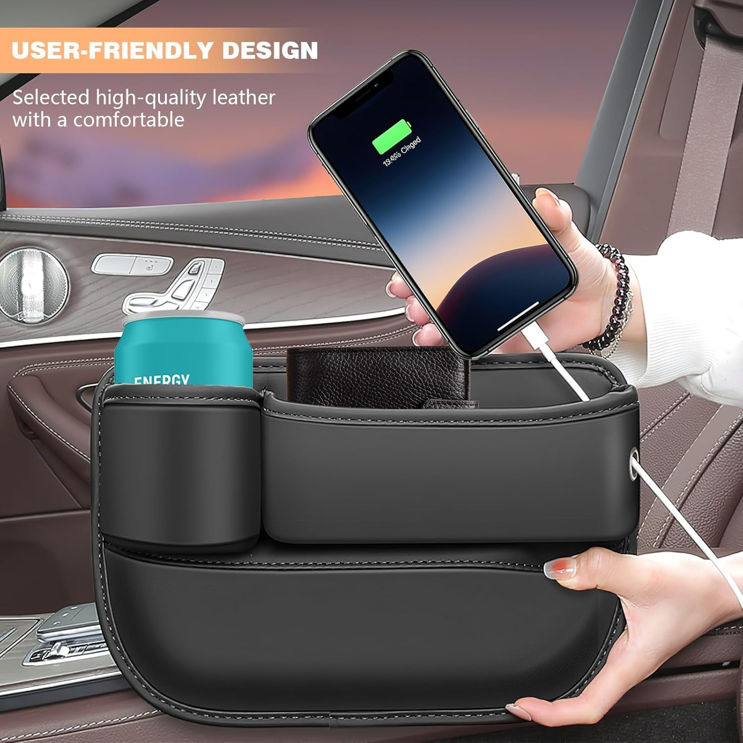 2PCS Car Seat Gap Fillers and Organizer,Multi-Functional PU Leather Storage Box with Cup Holder for Car,Perfect for Storing Phone,Currency,Cards,And Keys in between Seats image number 3