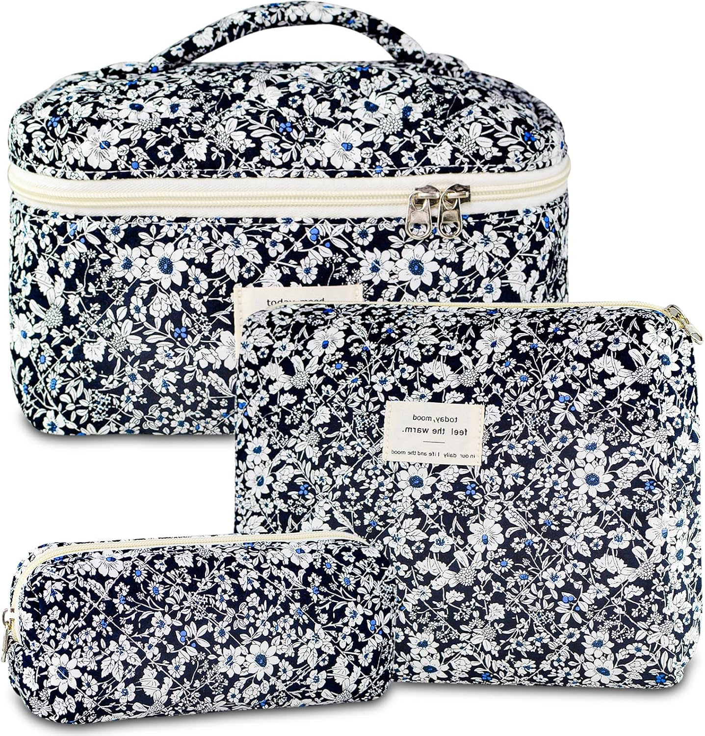 3Pcs Makeup Bag Cotton Quilted Travel Cosmetic Bag Cute Floral Makeup Pouch Large Toiletry Bag for Women Girls, Bear A, Daily