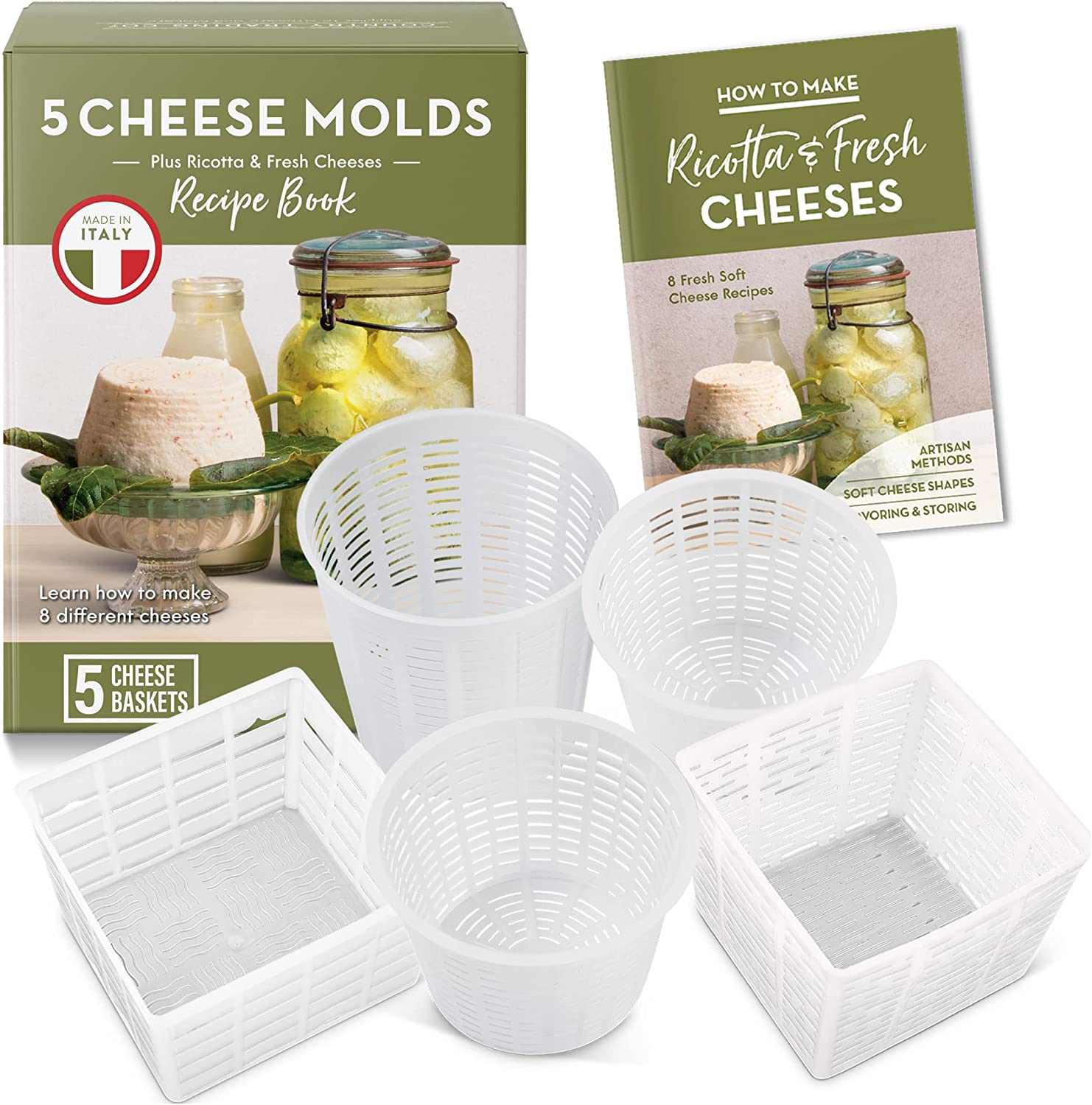 Easy Cheesemaking Kit | 5 Cheese Molds + Cheese Making Book | Made in Italy | Recipes to Make Ricotta, Paneer, Goats Cheese, Quark, and More | Professional Cheese Press Basket Mold Set of Strainers image number 1