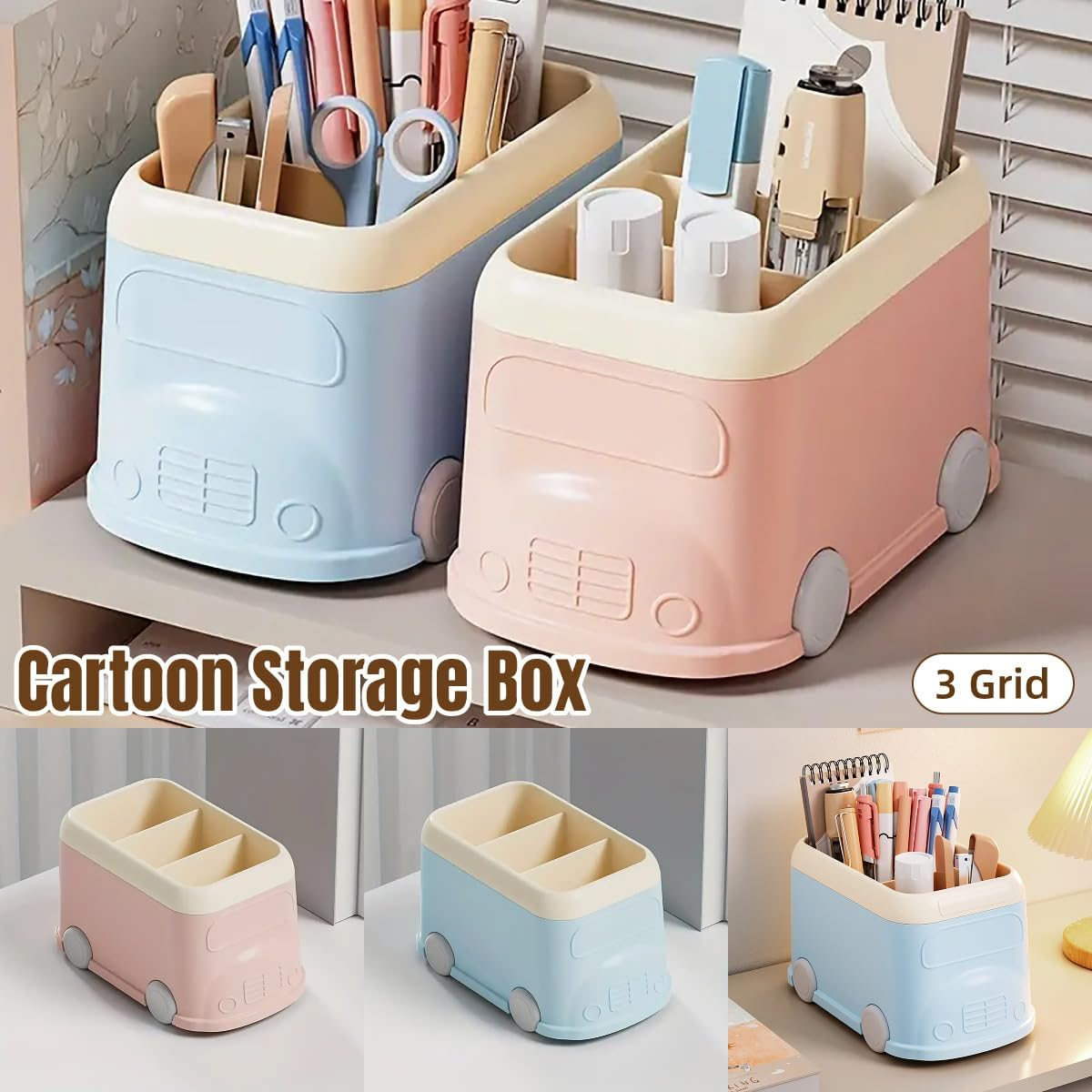 AIMALL Desktop Storage Box, Cartoon-Style Split Pen Holder, Multifunctional Stationery Storage Box, Desk Organizer for Office Sundries, Dimensions: 7.48X4.72X4.33 Inches - Blue image number 2