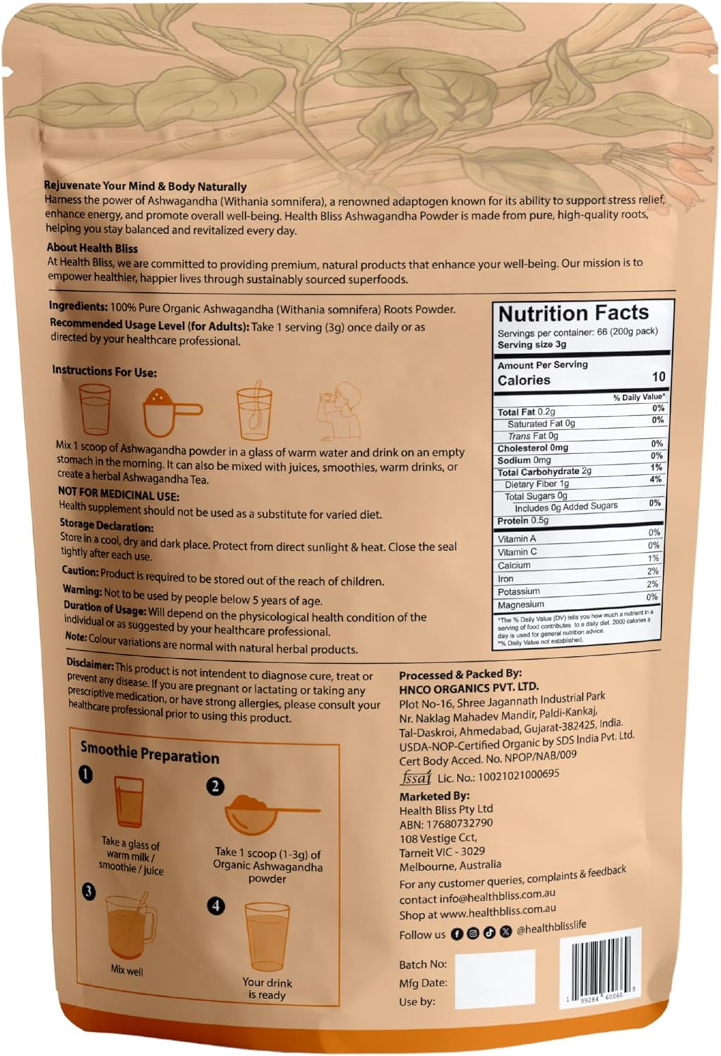 Health Bliss Organic Ashwagandha Root Powder, 200G, Natural Herbal Supplement for Energy and Vitality image number 6