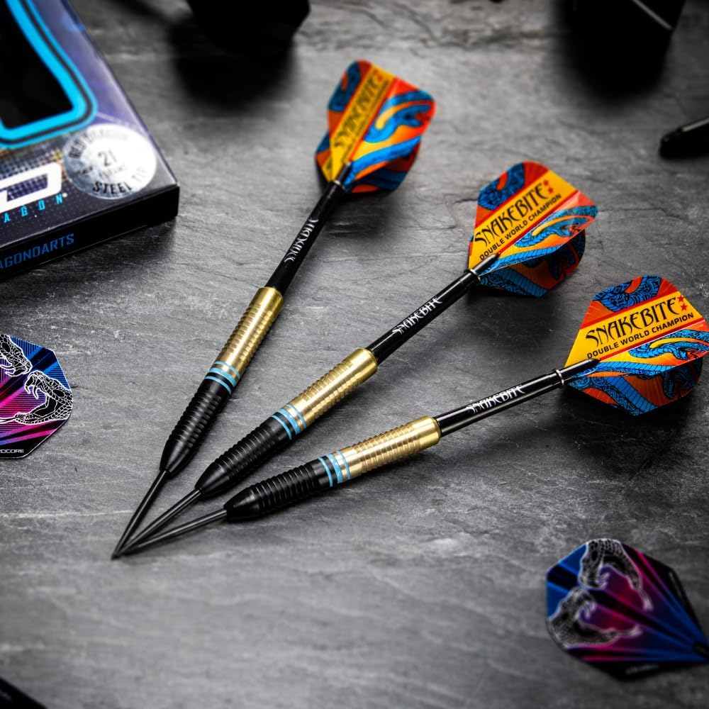 RED DRAGON Peter Wright Snakebite World Champion 2022 Darts Set - 21 Gram Brass Edition Including Flights and Stems