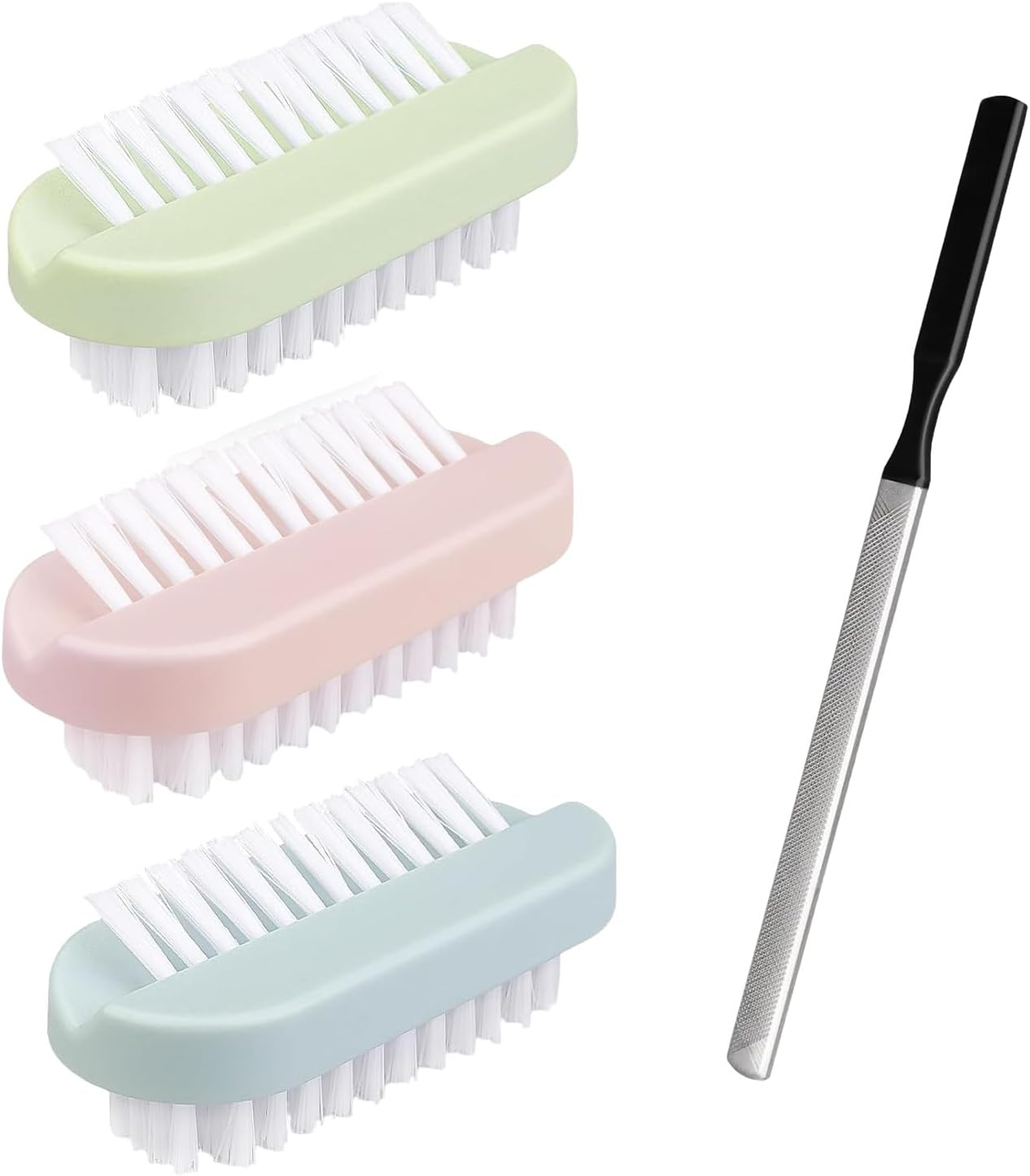 Nail Brush for Cleaning Fingernails Set - 3Pcs Two Sided Nail Scrubber Brushes and 1Pcs Stainless Steel Long Toe Nail File for Thick Nails, Efficient Nail Care Tool image number 2