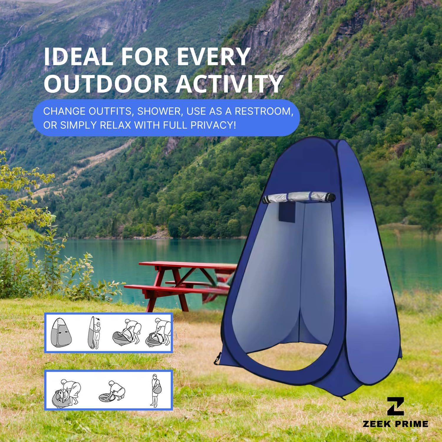 ZEEK PRIME - Camping Waterproof Pop-Up Tent with Two Windows &ndash; Portable Outdoor Privacy Shelter for Shower, Toilet & Changing | 170T Polyester, Lightweight Single & Double Sizes with Carry Bag &ndash; Blue image number 5
