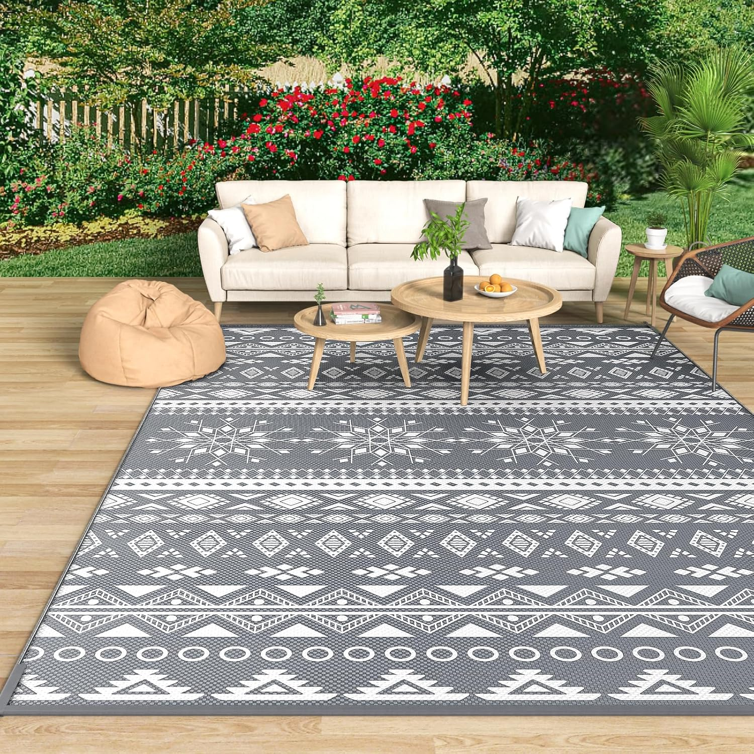 Mokani Outdoor Rug for Patio Waterproof, Reversible Garden Rugs 120X180Cm, Large Plastic Rugs, Lightweight Foldable Boho Area Rugs, UV Resistant Indoor Outdoor Carpet Mats for RV, Balcony, Beach, Deck image number 5