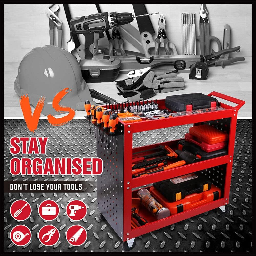 HORUSDY 3-Tier Tool Storage Trolley, Workshop Steel Cart Mechanic Swivel Lock Wheel with Pegboard, Hooks and Screwdriver Holder (RED) image number 1