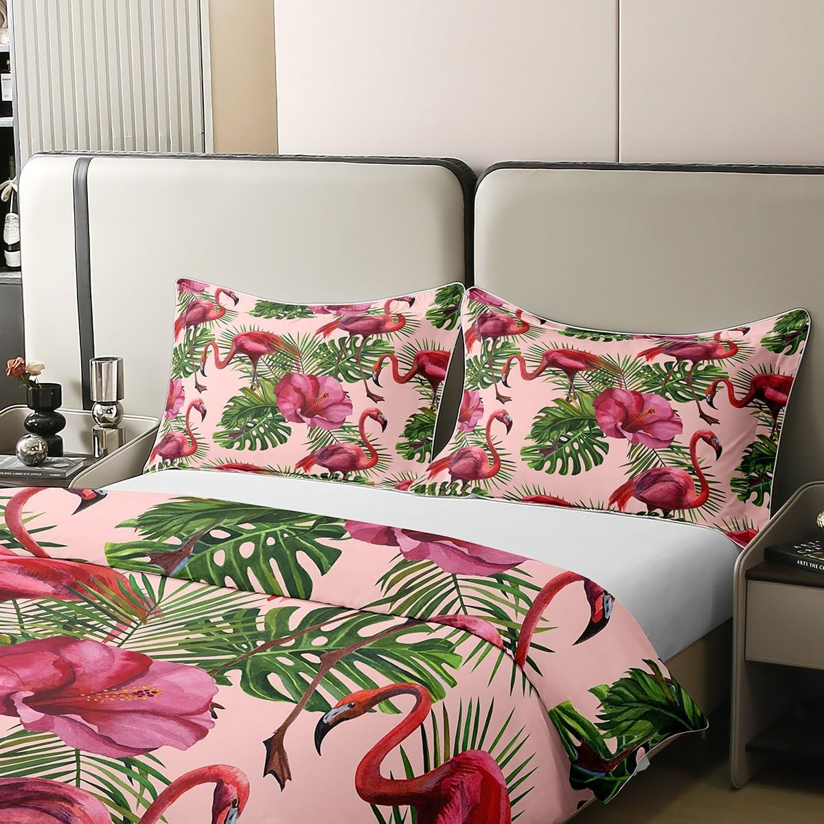 Loussiesd Flamingo Duvet Cover Set 155 X 220 Cm Children'S Tropical Flamingo Flroal Bed Set for Boys Teenagers Tropical Leaves Flower Bedding Set 100% Cotton Leaf Pattern Red Bedding Set image number 2