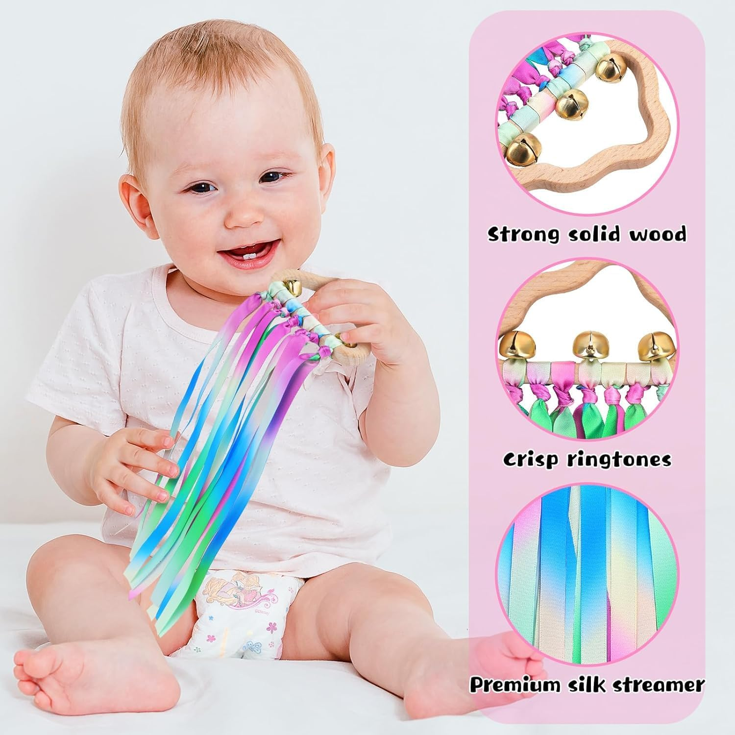 Baby Sensory Ribbon Ring Toys - 2Pcs Rainbow Ribbon Rattle Natural Wooden Ribbon Ring, Sensory Montessori Toy for 3+ Month Babies Toddler (Multicolor) - Multicolor image number 4