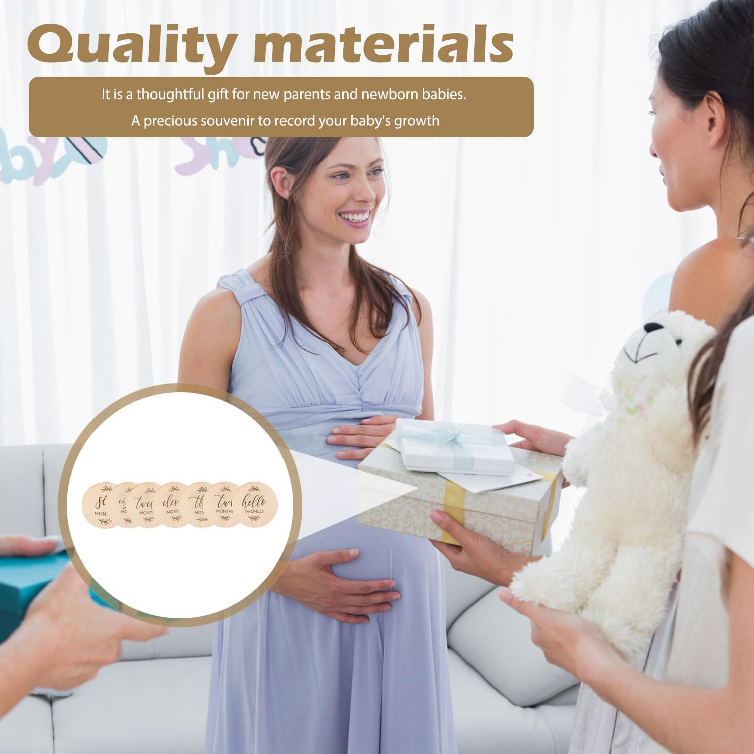 7 Pcs Baby Milestone Cards, Wooden Milestone Baby Cards, Double-Sided Wooden Monthly Newborn Welcome Signs, 10Cm round Month Baby Milestone Signs for New Parents Gift Set (Minimalism Theme) image number 2