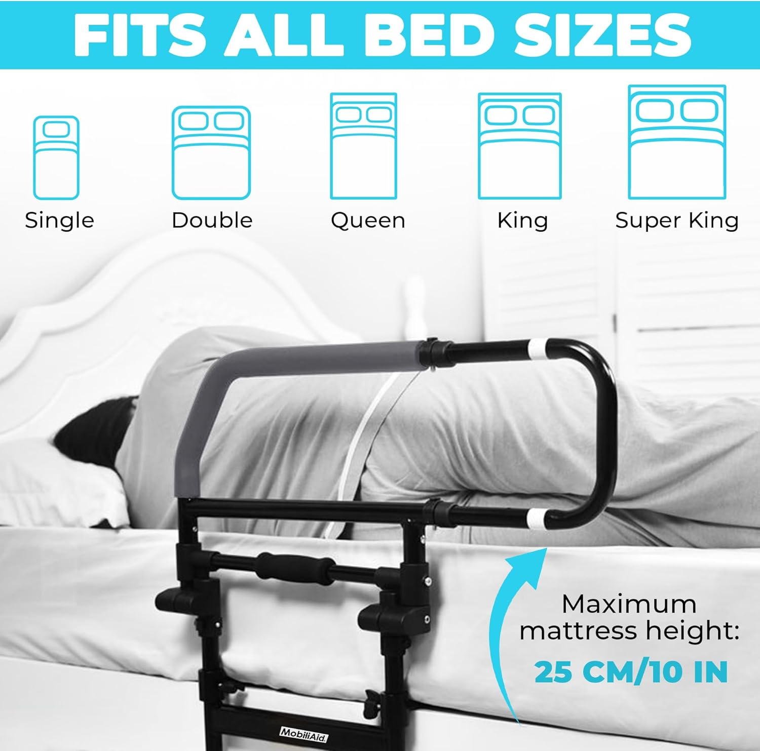 Heavy Duty Bed Rails for Elderly Adults (150Kg Capacity) - Foldable Support Handle W/Adjustable Legs &ndash; Any Size/Queen/King Size Bed Rail for Elderly Safety - Australian Owned Mobility Aid image number 5