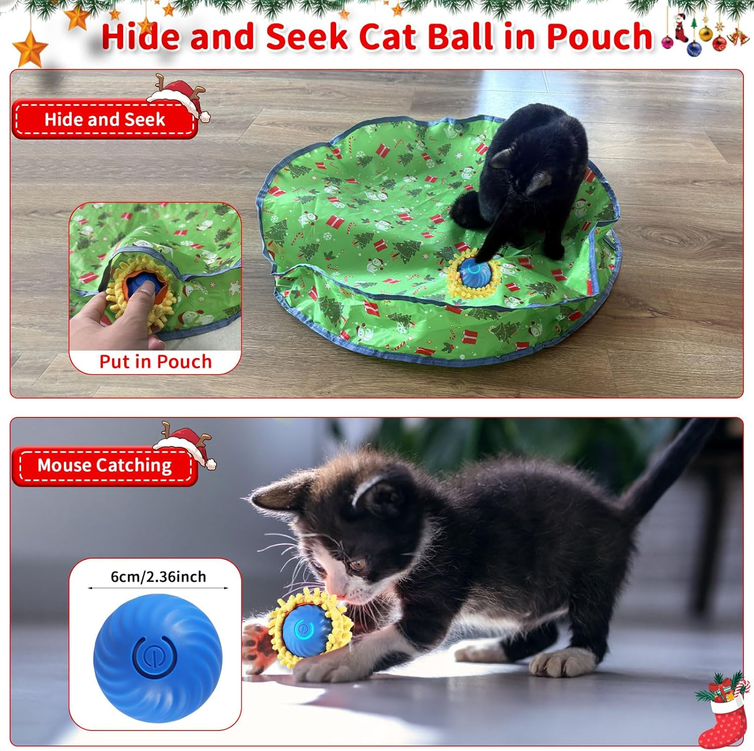 Interactive Cat Toys for Indoor Cats, Electric Rolling Cat Ball in Pouch, Simulation Hunting Toys for Cats, Hunting Hood with Cat Ball, Rechargeable Hide and Seek Cat Toy