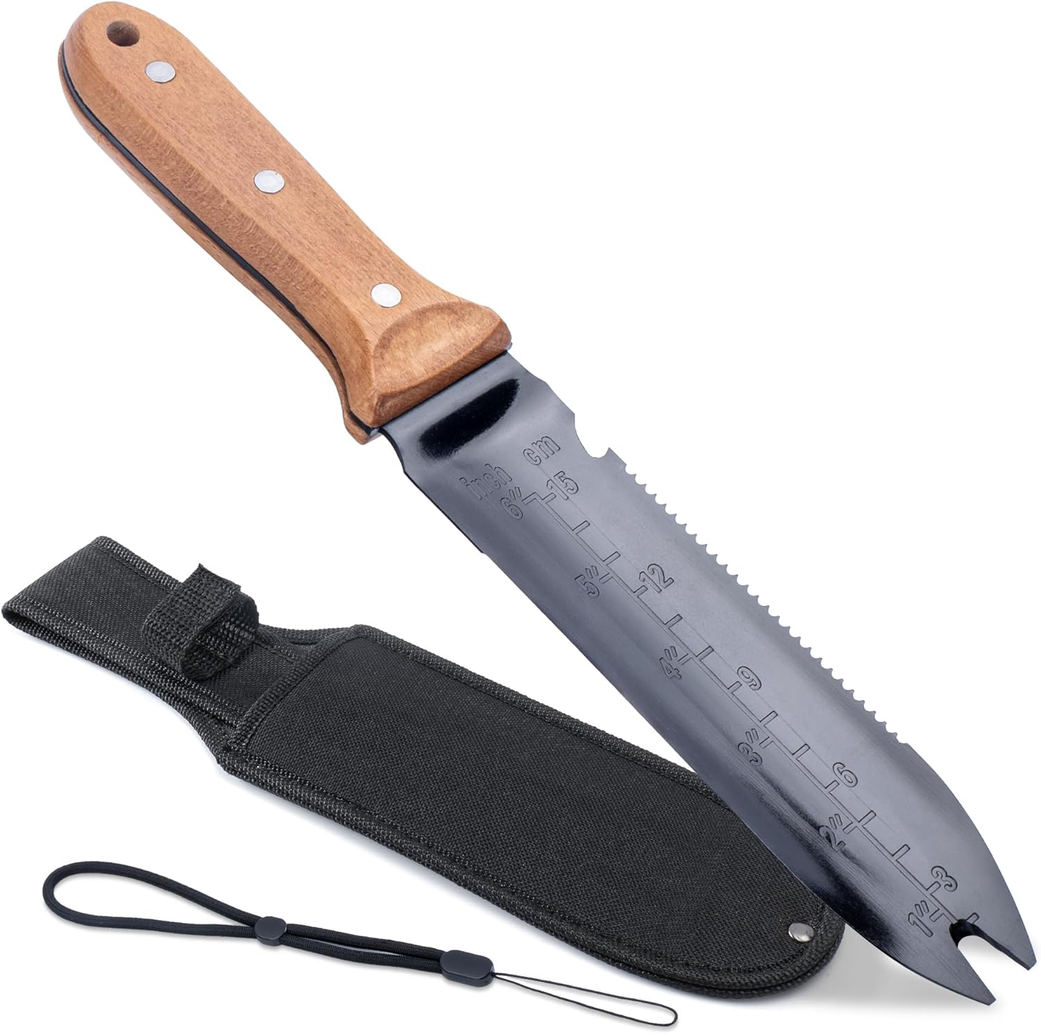WILLKOMMEN Hori Hori Garden Knife- Garden Tools with Oxford Cloth Sheath, 7" Stainless Steel Blade,Full Tang Beechwood Handle, Ideal for Transplanting, Division, Weeding & Root Care (Forked Tip) image number 6