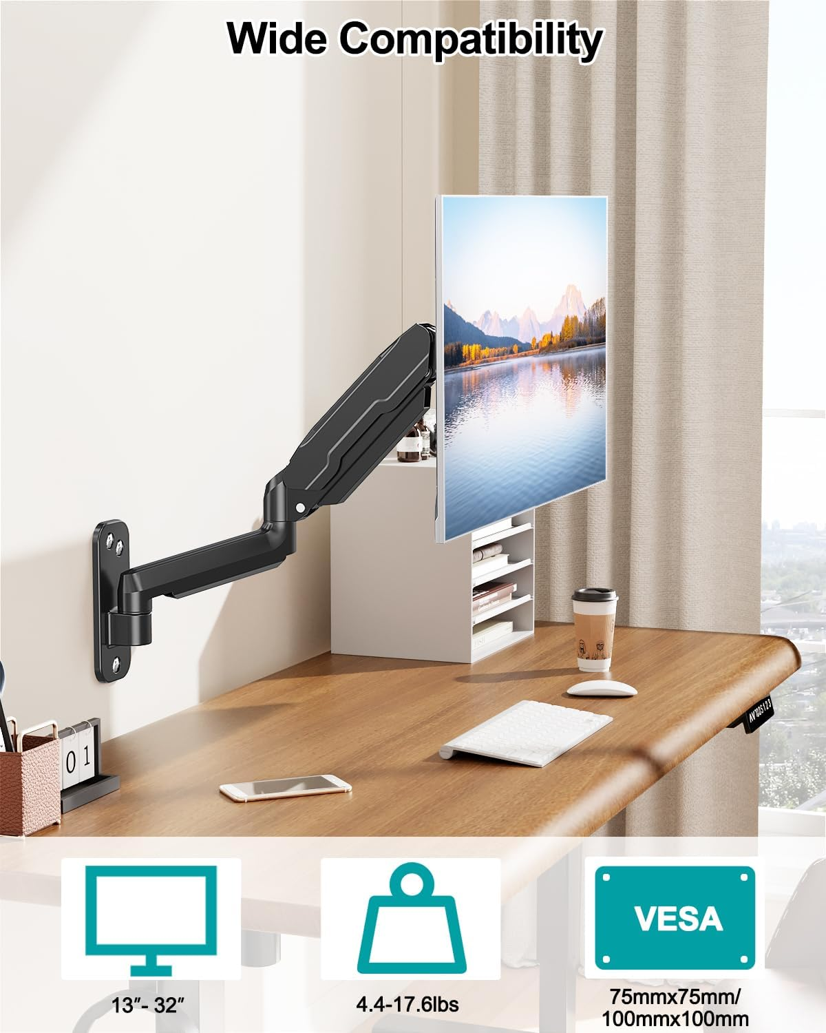 Mount PRO Single Monitor Wall Mount for 13 to 32 Inch Computer Screens, Gas Spring Wall Monitor Arm Holds up to 17.6Lbs, Full Motion Adjustable Wall Monitor Mount, VESA Mount 75X75, 100X100 image number 3