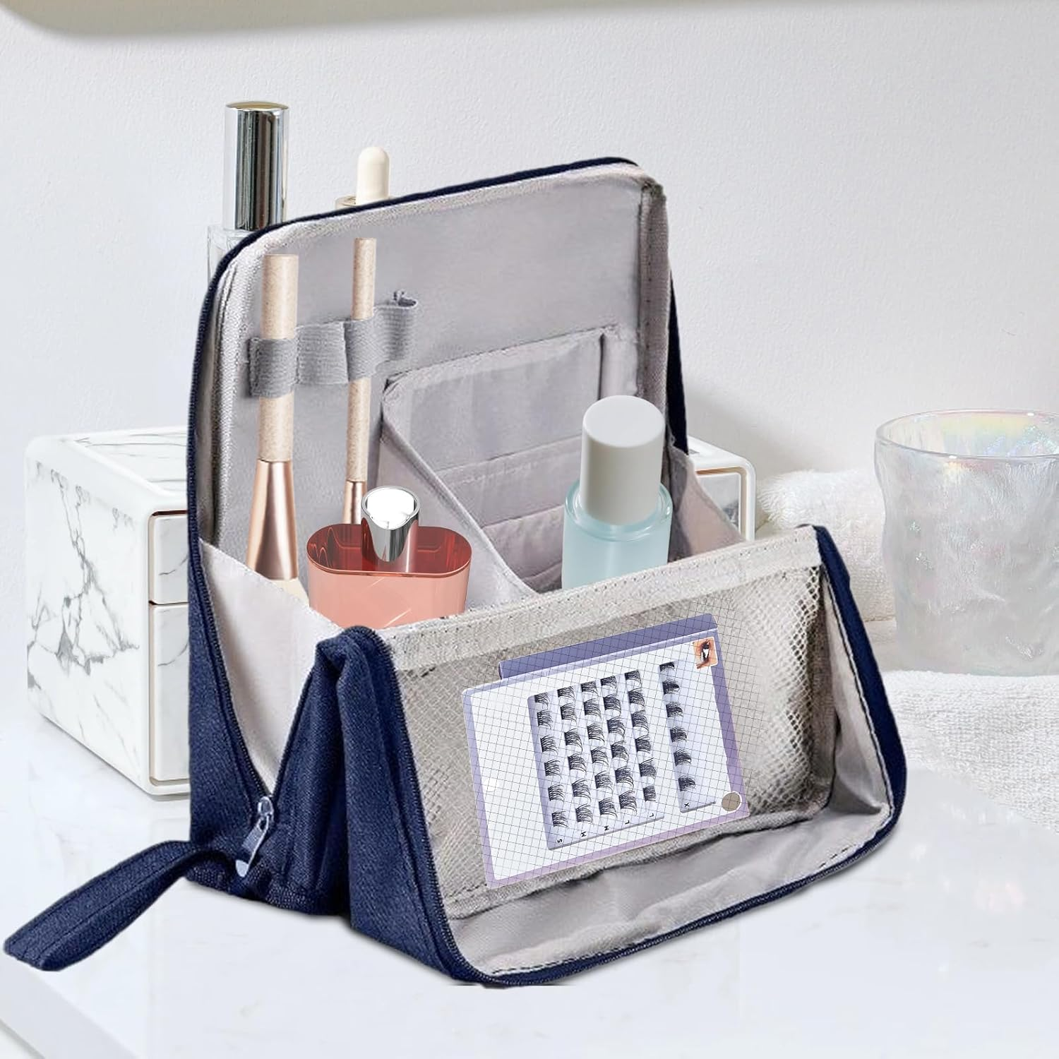 Stand up Makeup Bag - Waterproof Large Capacity Large Toiletry Bag | Beauty Tools Accessories for Foundation Lipstick Eyeshadow Sunscreen Shampoo Conditioner Hair Spray - Gray image number 7