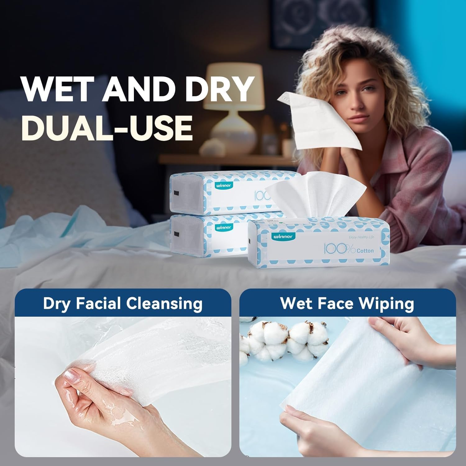 Winner Soft Face Towels, 100% USDA Biobased Facial Towels, Unscented Cotton Tissues for Sensitive Skin, Oeko-Tex Certified Face Towelettes Disposable, Makeup Remover Dry Wipes, 600 Ct, 6 Pack image number 6