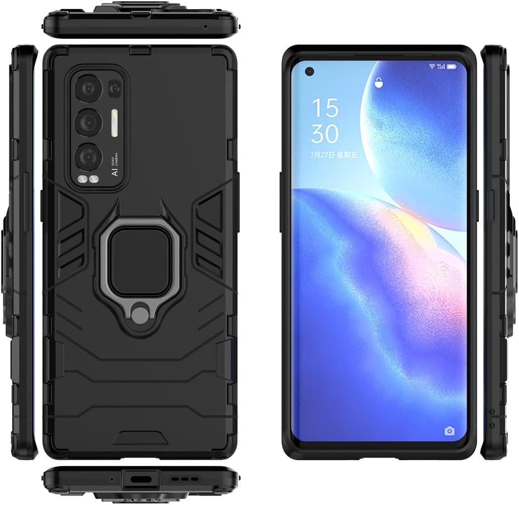 Compatible with Oppo Reno 5 Pro plus 5G Case, Metal Ring Grip Kickstand Shockproof Hard Bumper (Works with Magnetic Car Mount) Dual Layer Rugged Cover (Black) - Black image number 3