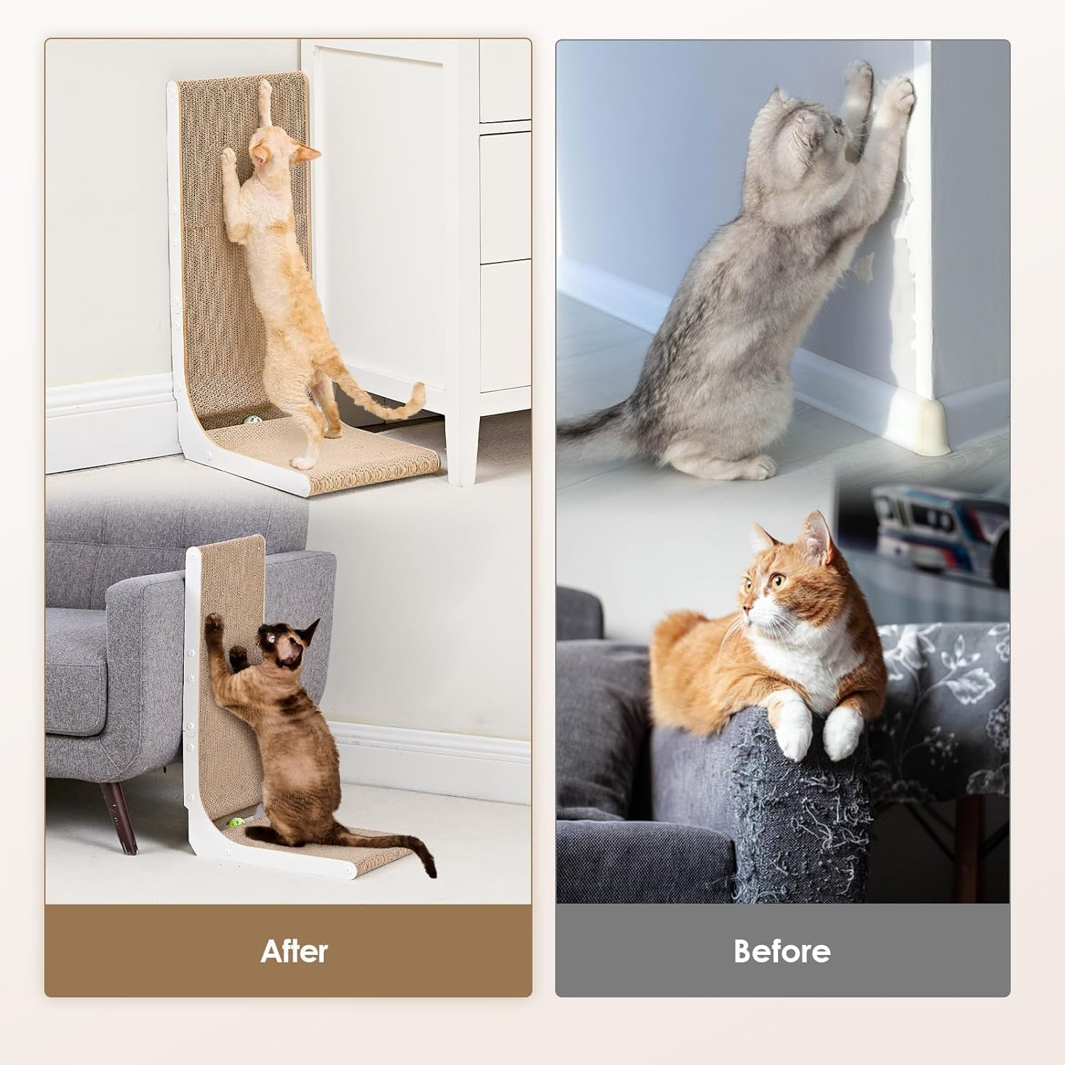 Indoor Cat Scratching Post, 32" L-Shaped Vertical Cat Scratching Post, Indoor Cat Scratching Board with Ball Toy, White image number 3