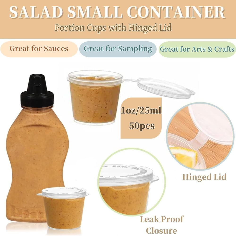 50 Pcs round Food Container Pots with Lids,Reusable Salad Dressing Container Containers,Clear Small Deli Pot Restaurants Takeaways Containers for Small Dips Chutney Ketchup Salads（25Ml）