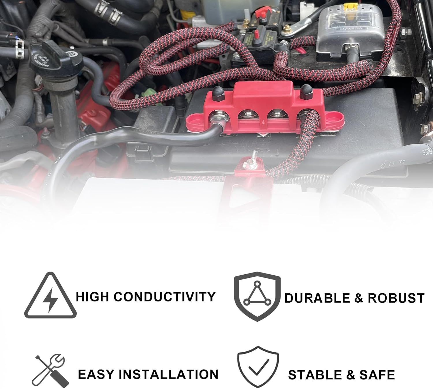 Bus Bar 250A 12V Power Distribution Block with 5/16" (M8) 4-Posts Terminals Block with Cover for Automotive, Marine, Battery System (Black & Red) image number 3