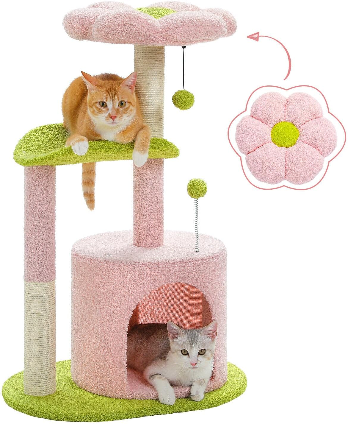 PAWZ Road Cat Tree 32 Inches Cactus Cat Tower with Sisal Covered Scratching Post, Cozy Condo, Plush Perches and Fluffy Balls for Indoor Cats,Green