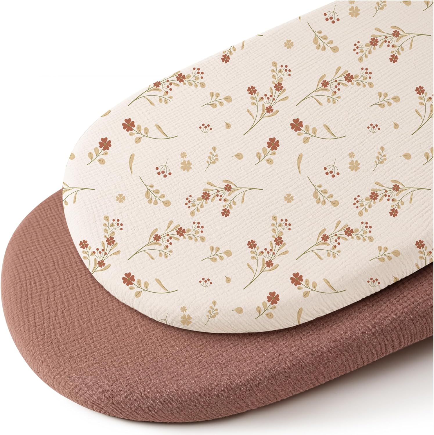 Konssy 2 Pack Muslin Fitted Bassinet Sheets for Baby Girl Boy, Soft Breathable Baby Bassinet Sheets Fit for Baby Bassinets, Cradle, Moses Basket Oval Rectangle Pad/Mattress (Chestnut, Floral) - Blossom,Cream image number 5