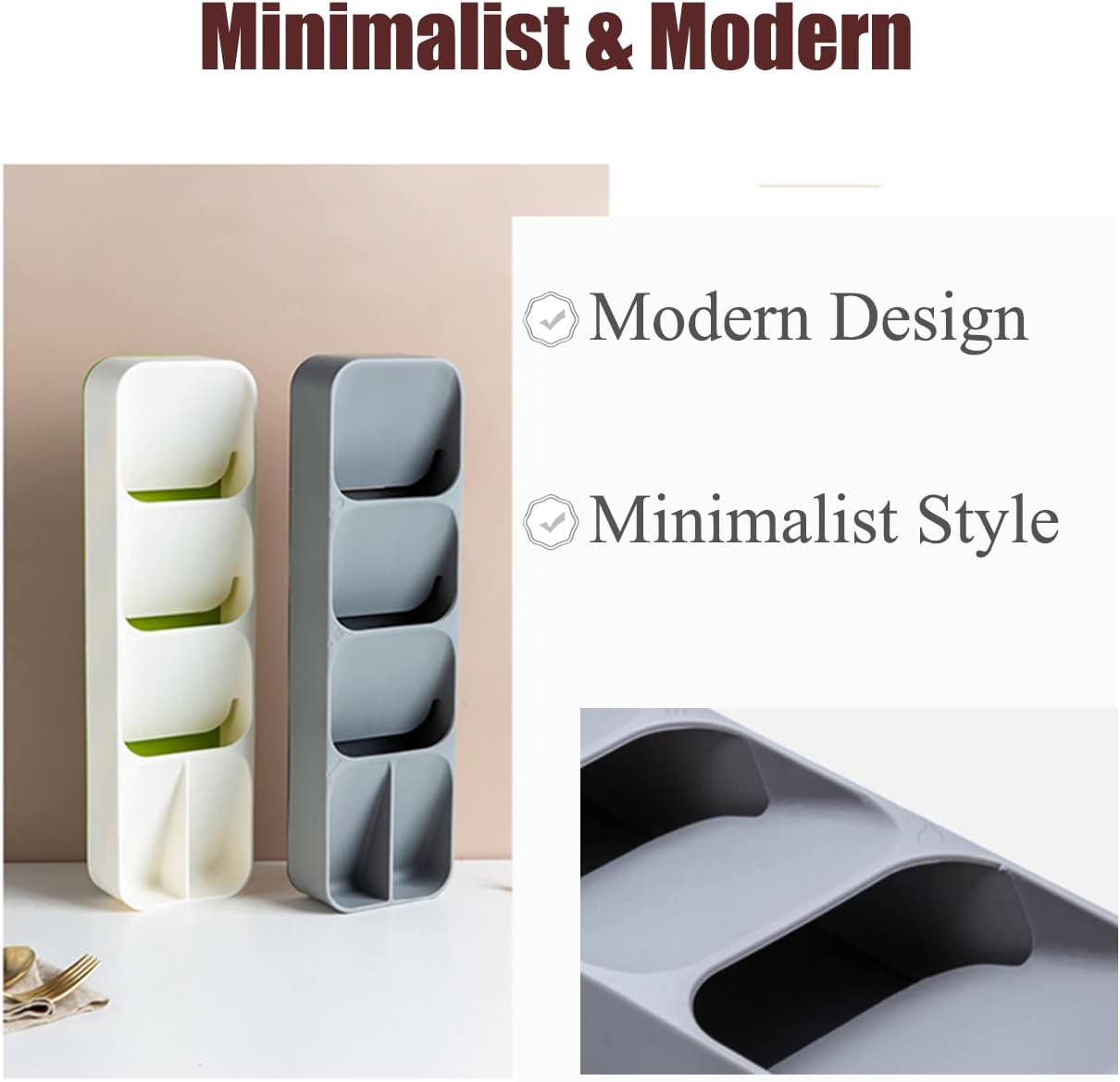 Compact Small Cutlery Tray Organiser, Utensil Holder for Drawers, Kitchen Silverware Drawer Organizer Divider for Spoons Forks & Short Knives, White Green image number 5