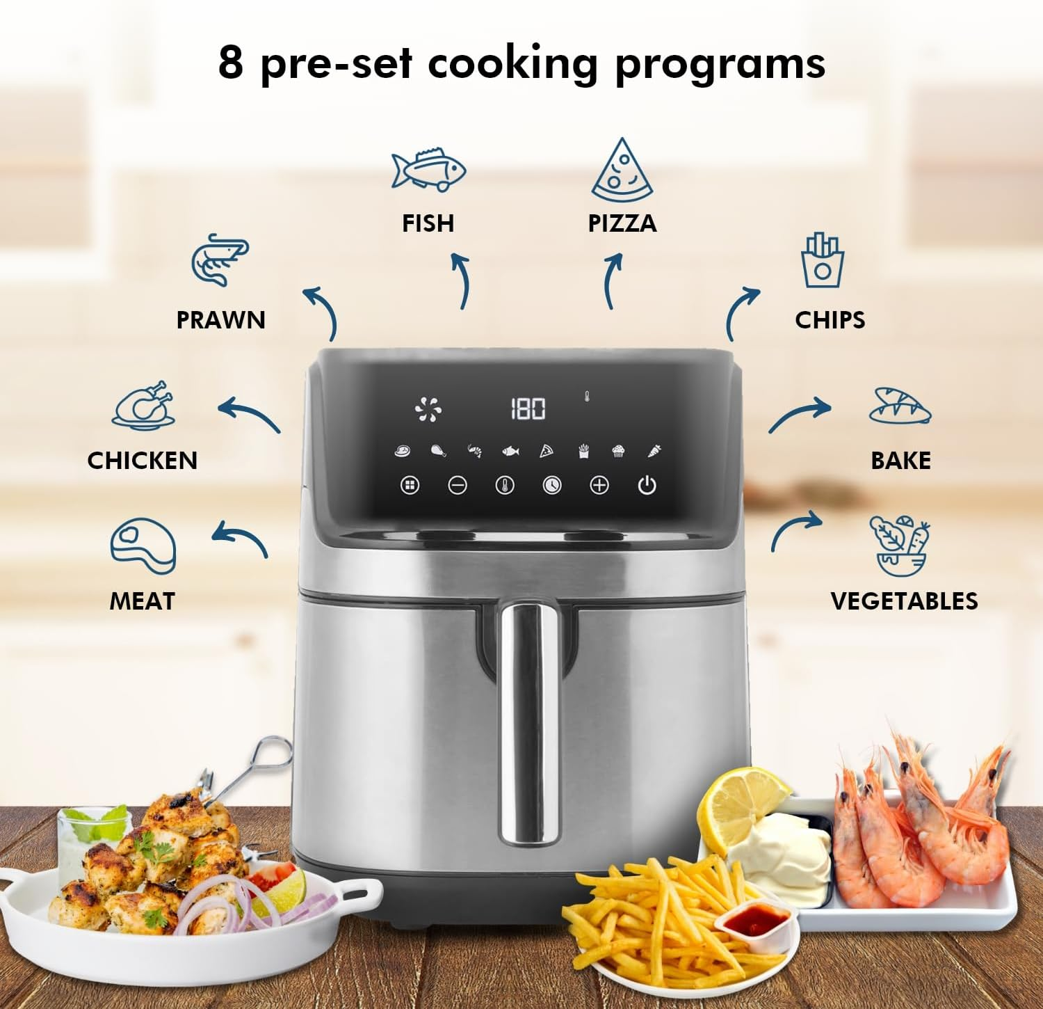 Healthy Choice Digital Air Fryer for Healthy Oil-Free Cooking - Multi-Use 1700W One Touch Digital Air Fryer for Deep Frying, Roasting, Baking & Grilling - 7.1L Stainless Steel image number 5
