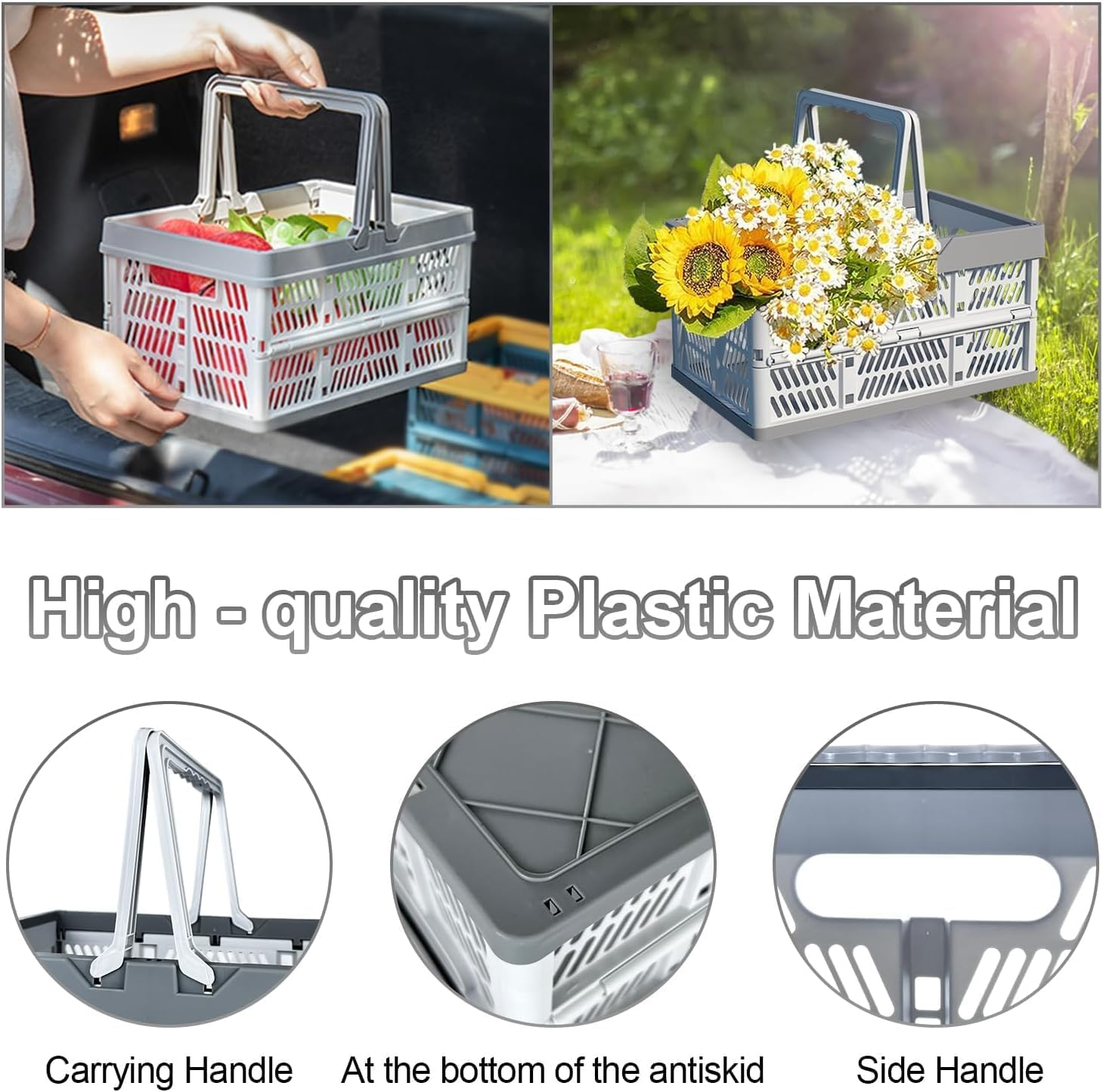 Plastic Basket with Handle, 15-Liter Folding Pastel Crates for Organizing and Storag Plastic Grocery Shopping Baskets Stackable Storage Bins for Kitchen Living-Room Desktop Shelf Organing,Grey image number 2