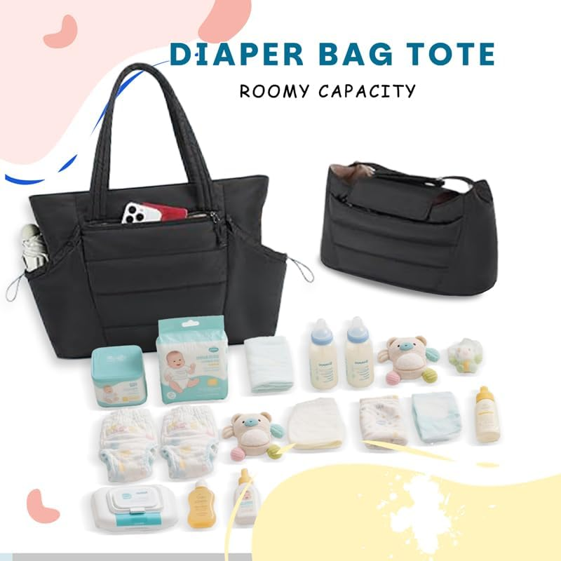 3-Piece Quilted Diaper Bag Set with Changing Mat, Large Capacity Tote with Shoulder Strap, Black image number 1