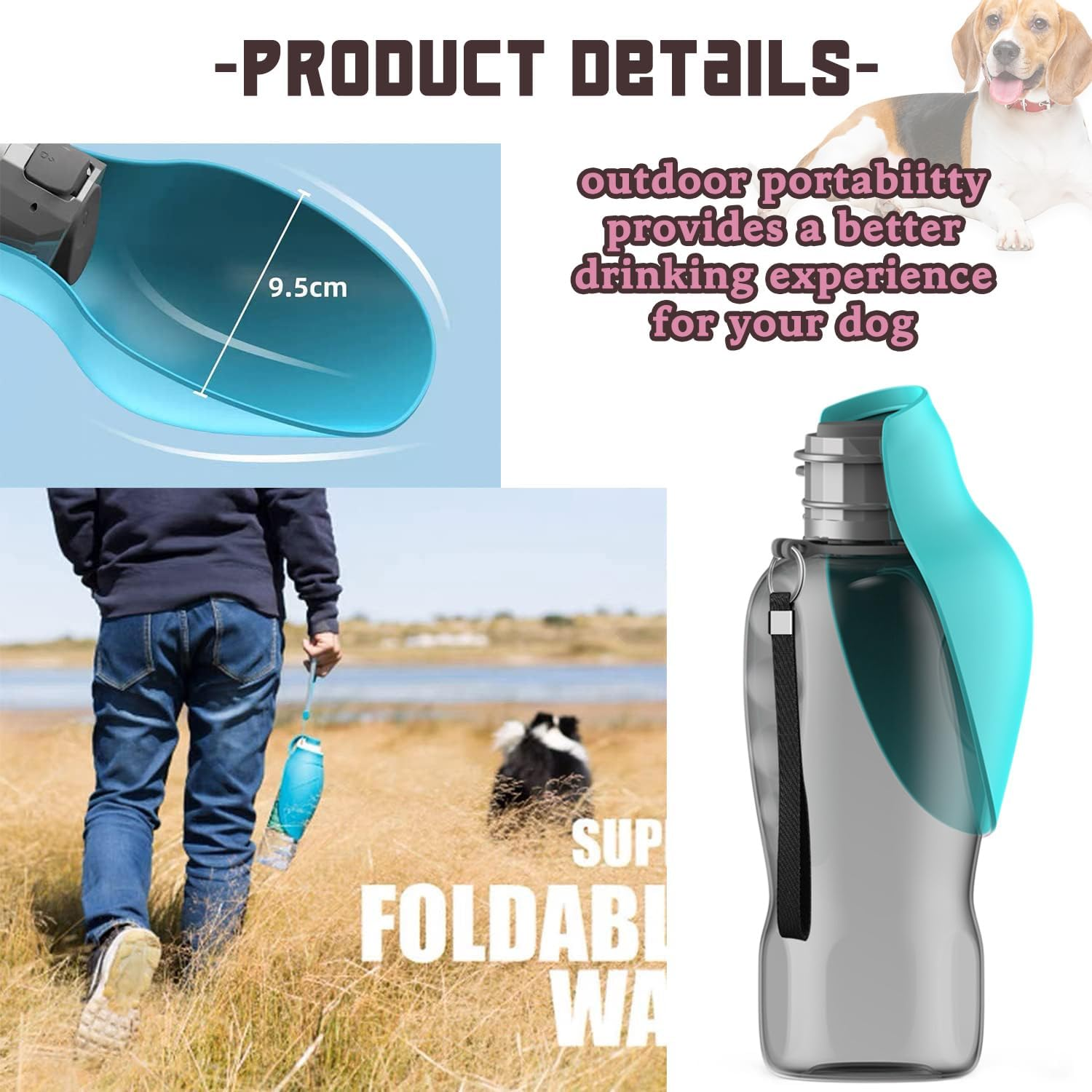 Hoclauho Dog Drinking Bottle, 800 Ml, Foldable, Leak-Proof Water Bottle for Dogs on the Go with Bowl, Bpa-Free, Antibacterial, Ideal for Walks, Travel, Car Trips