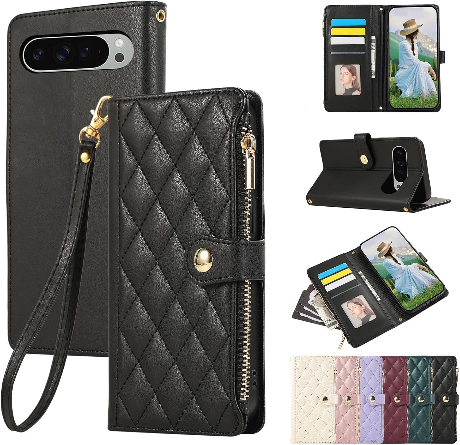 Vaitasy Compatible with Mobile Phone Case Iphone 15 Pro Zip Case Business PU Leather Flip Case for Iphone 15 Pro Protective Case with Card Slot Stand White